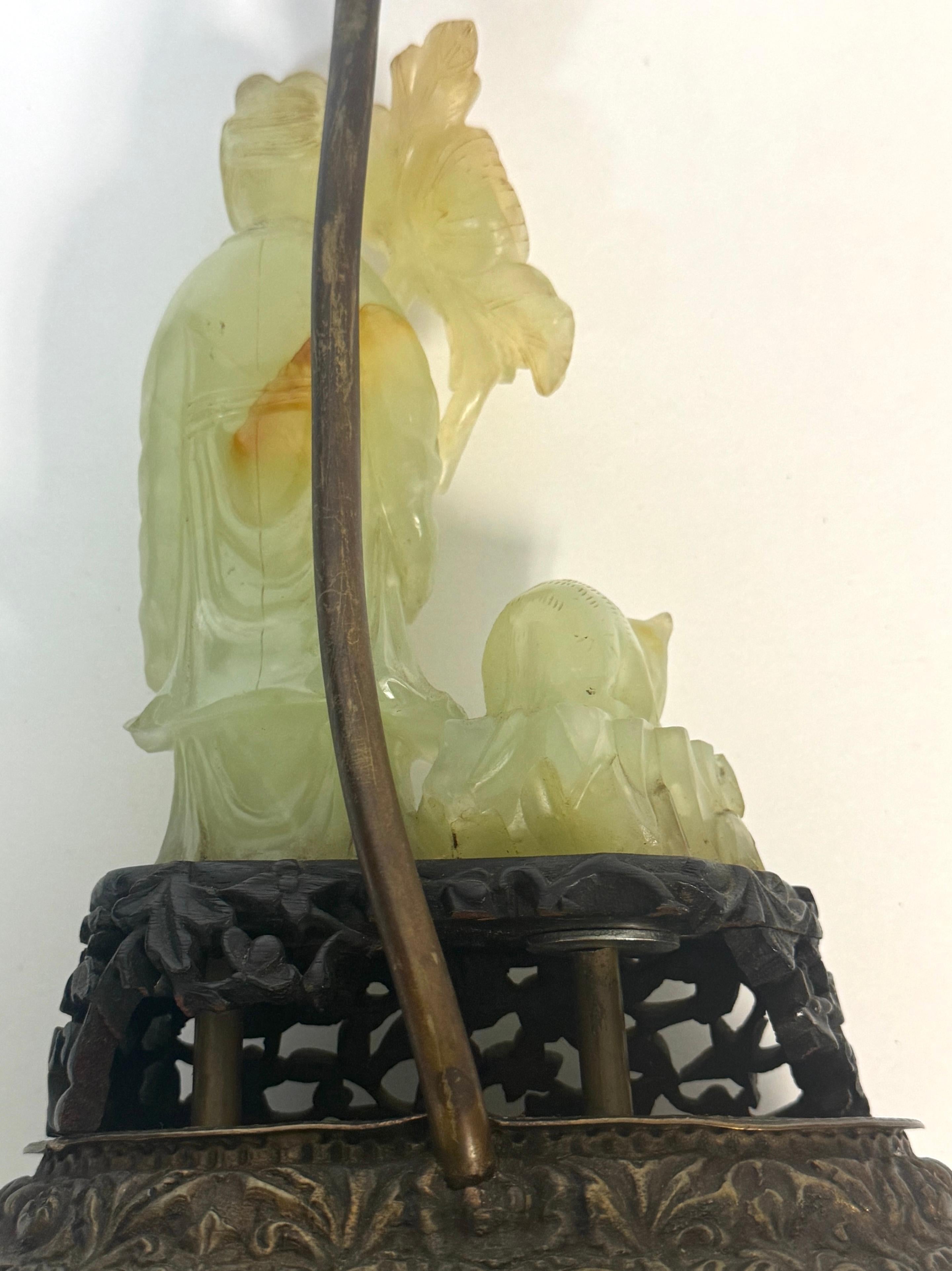 Chinese Carved Jadeite Guanyin with Cat, Mounted as a Lamp, Circa 1920s For Sale 8