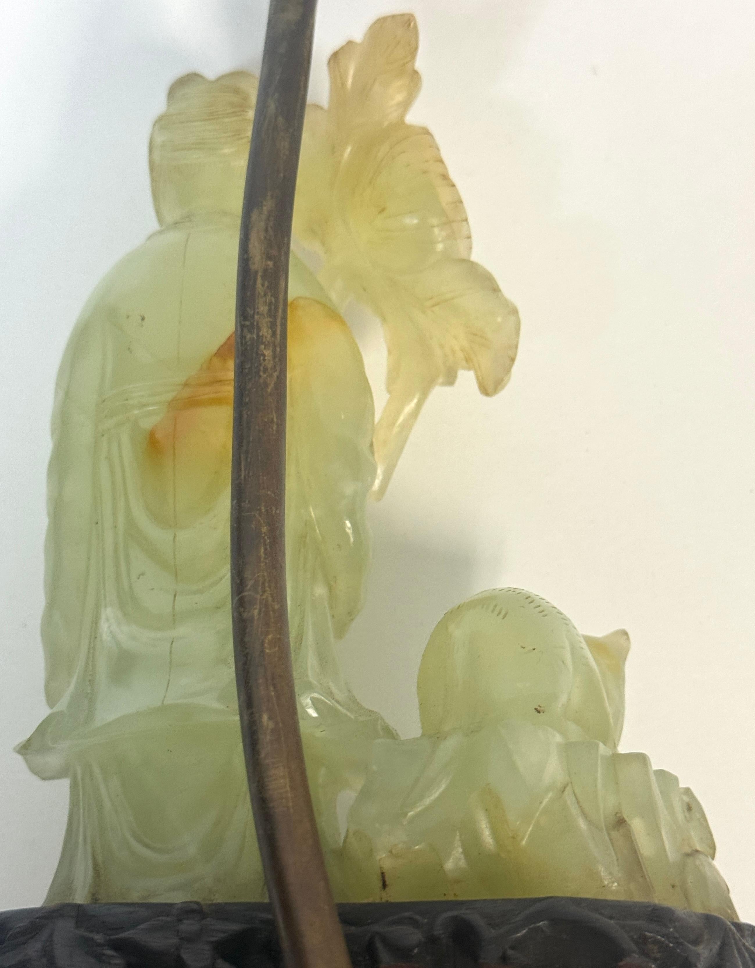 Chinese Carved Jadeite Guanyin with Cat, Mounted as a Lamp, Circa 1920s For Sale 9