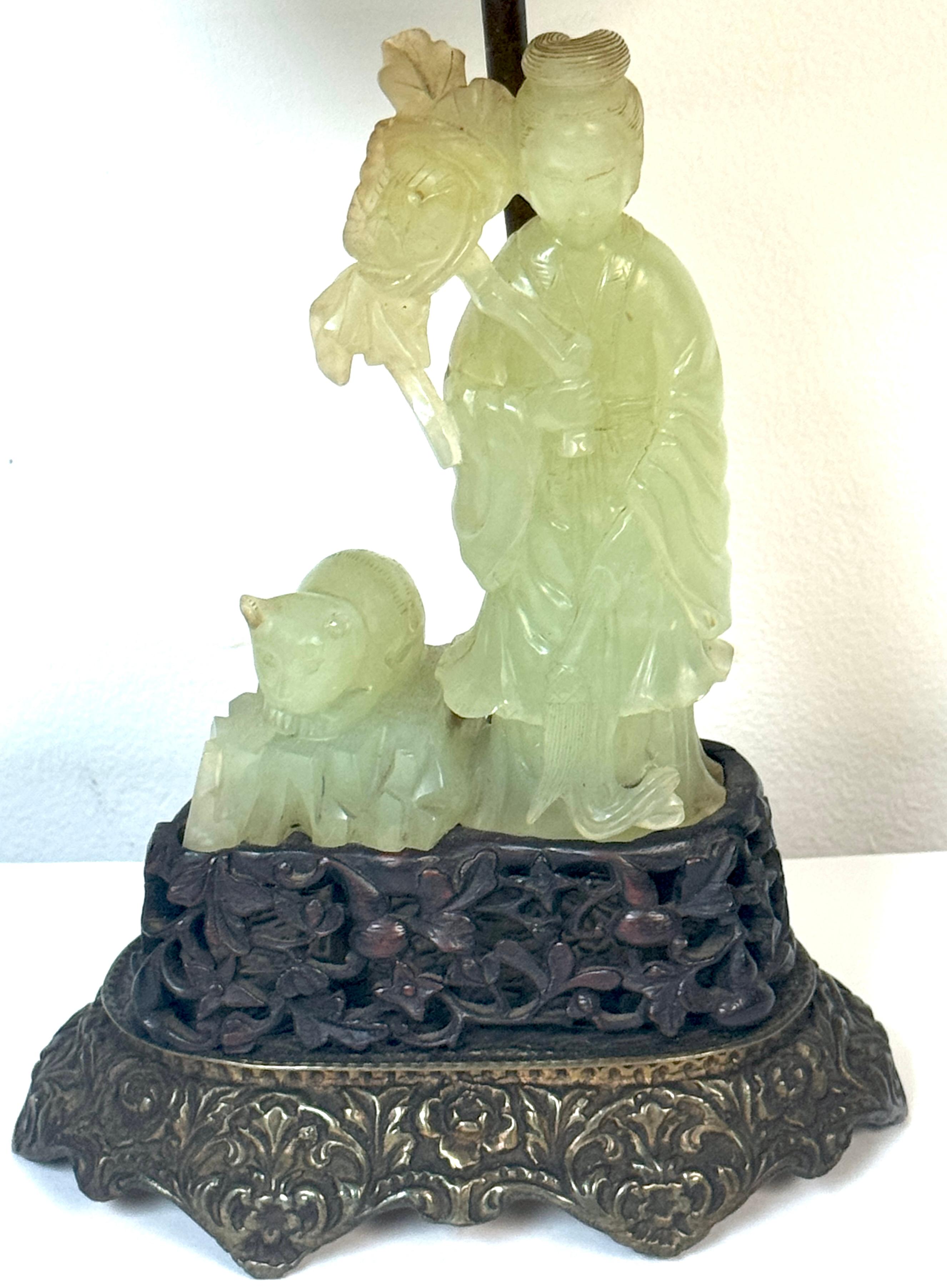 Chinese Export Chinese Carved Jadeite Guanyin with Cat, Mounted as a Lamp, Circa 1920s For Sale