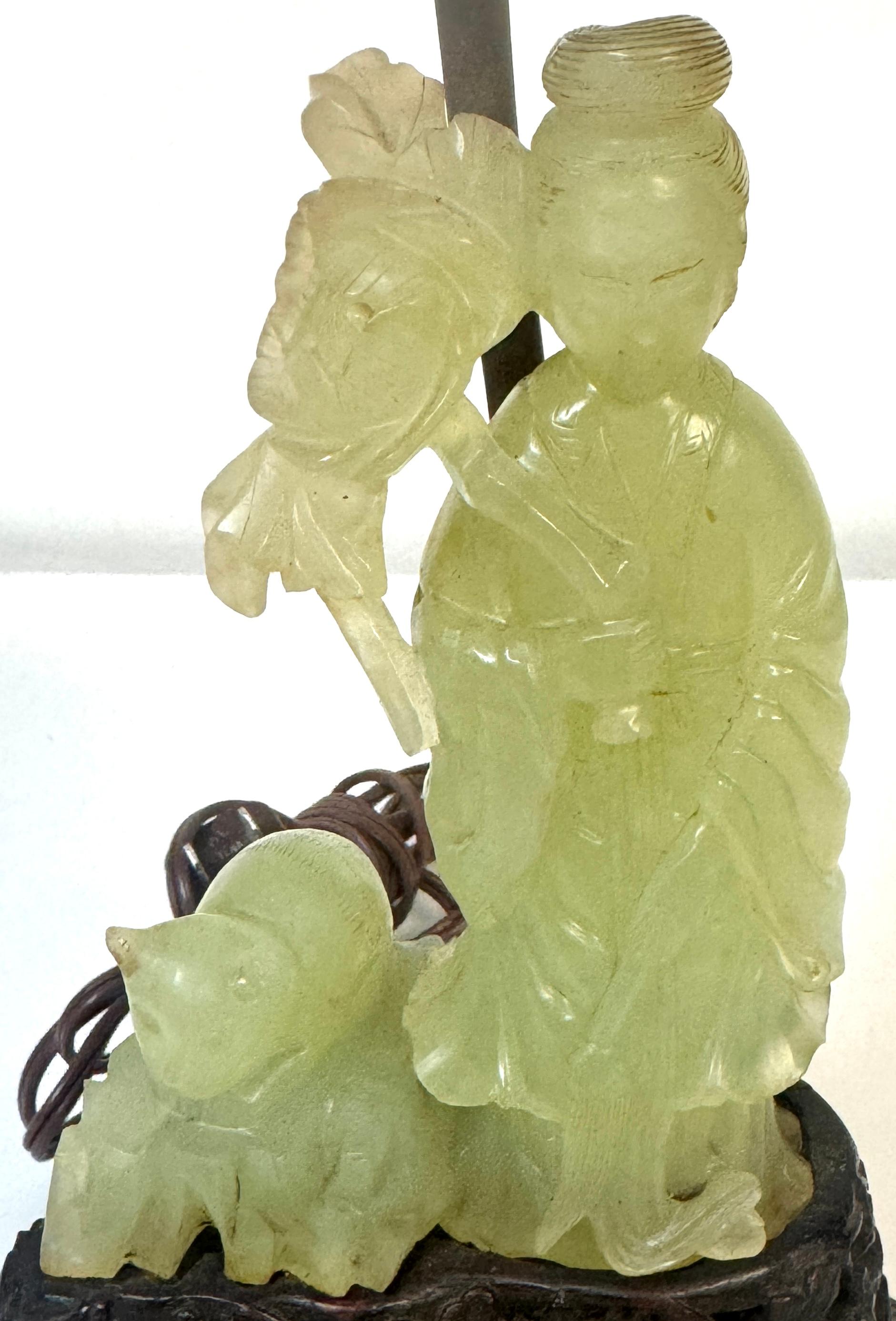 Chinese Carved Jadeite Guanyin with Cat, Mounted as a Lamp, Circa 1920s In Good Condition For Sale In West Palm Beach, FL