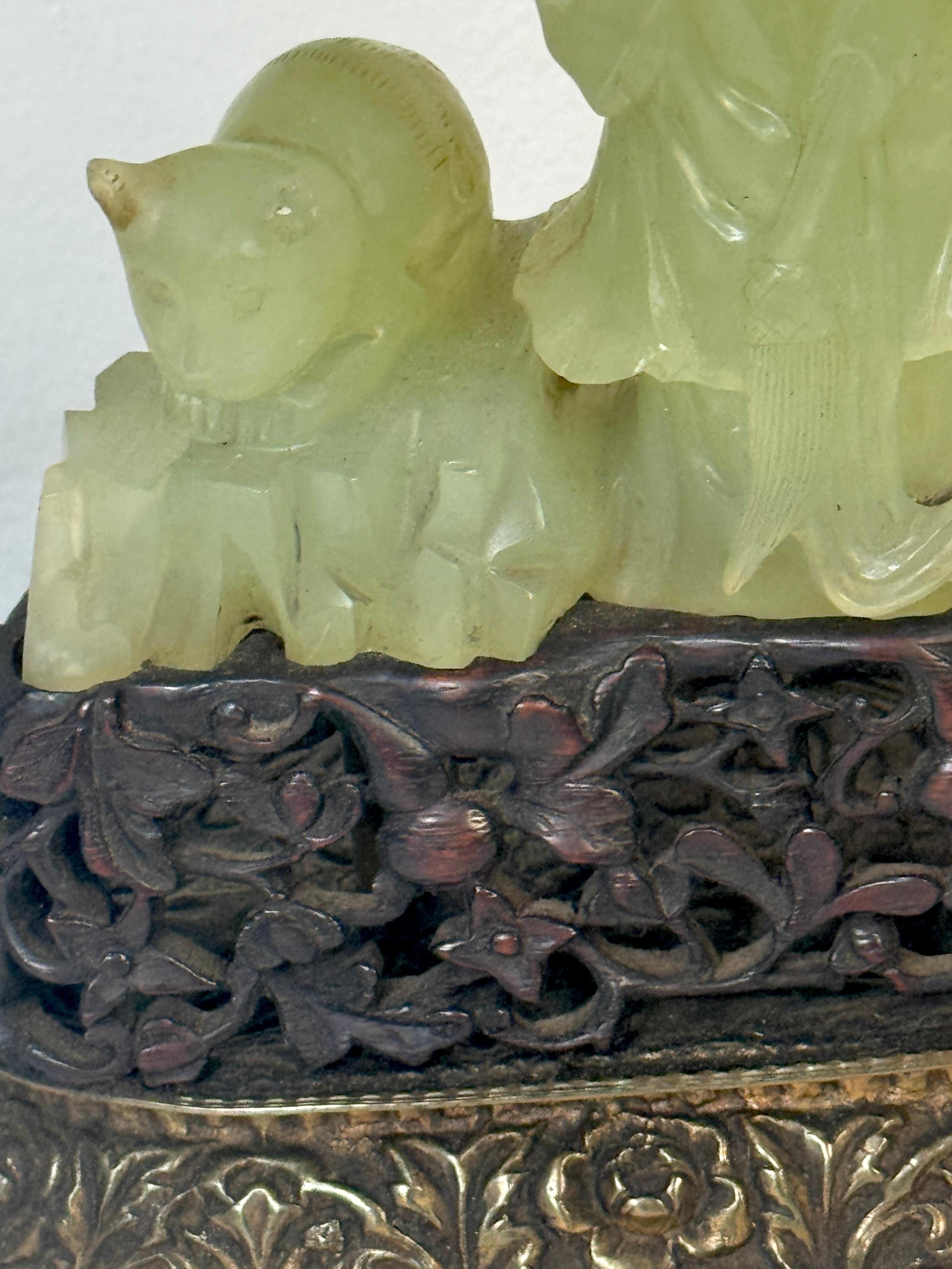 Metal Chinese Carved Jadeite Guanyin with Cat, Mounted as a Lamp, Circa 1920s For Sale