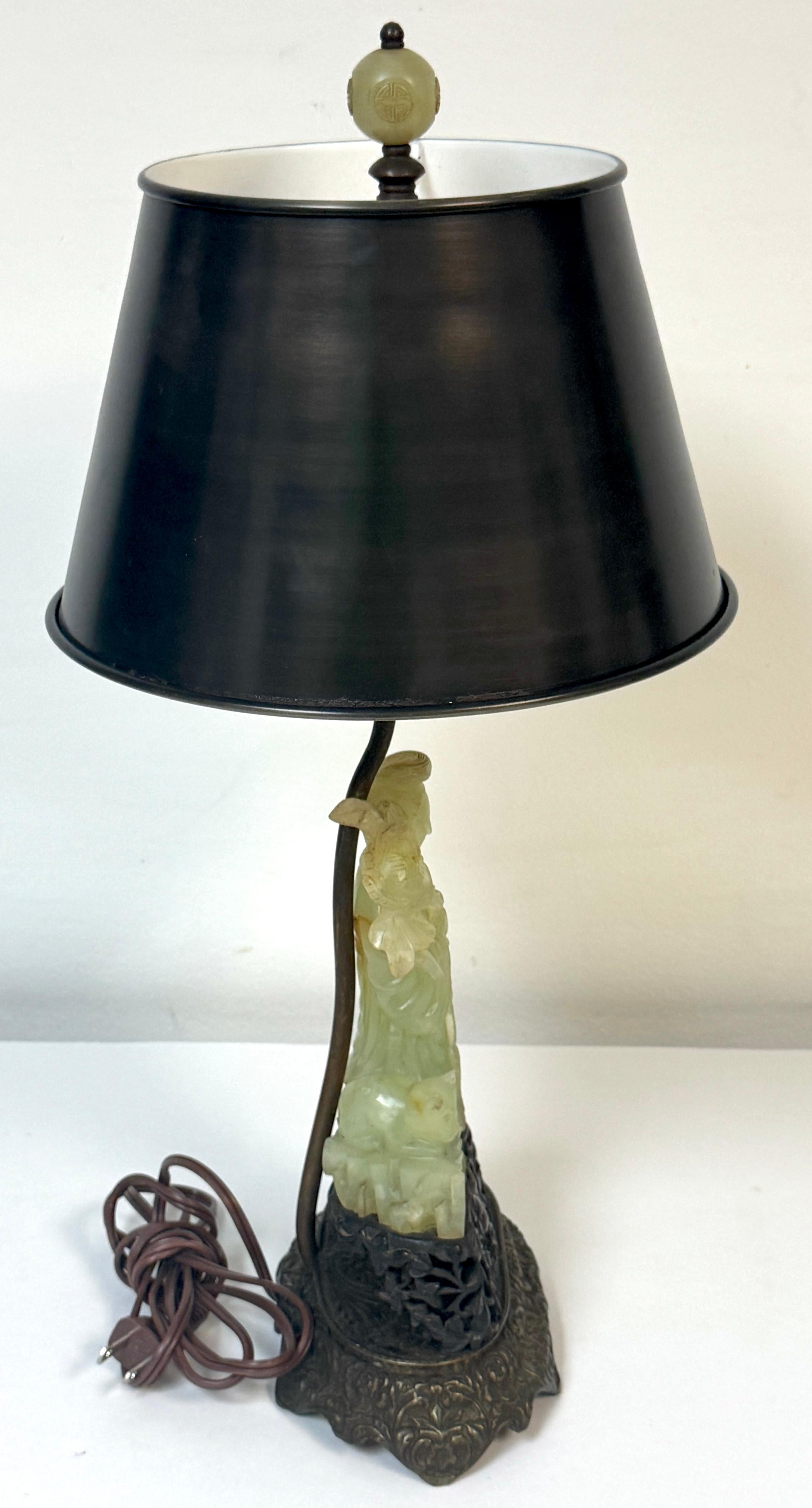Chinese Carved Jadeite Guanyin with Cat, Mounted as a Lamp, Circa 1920s For Sale 1