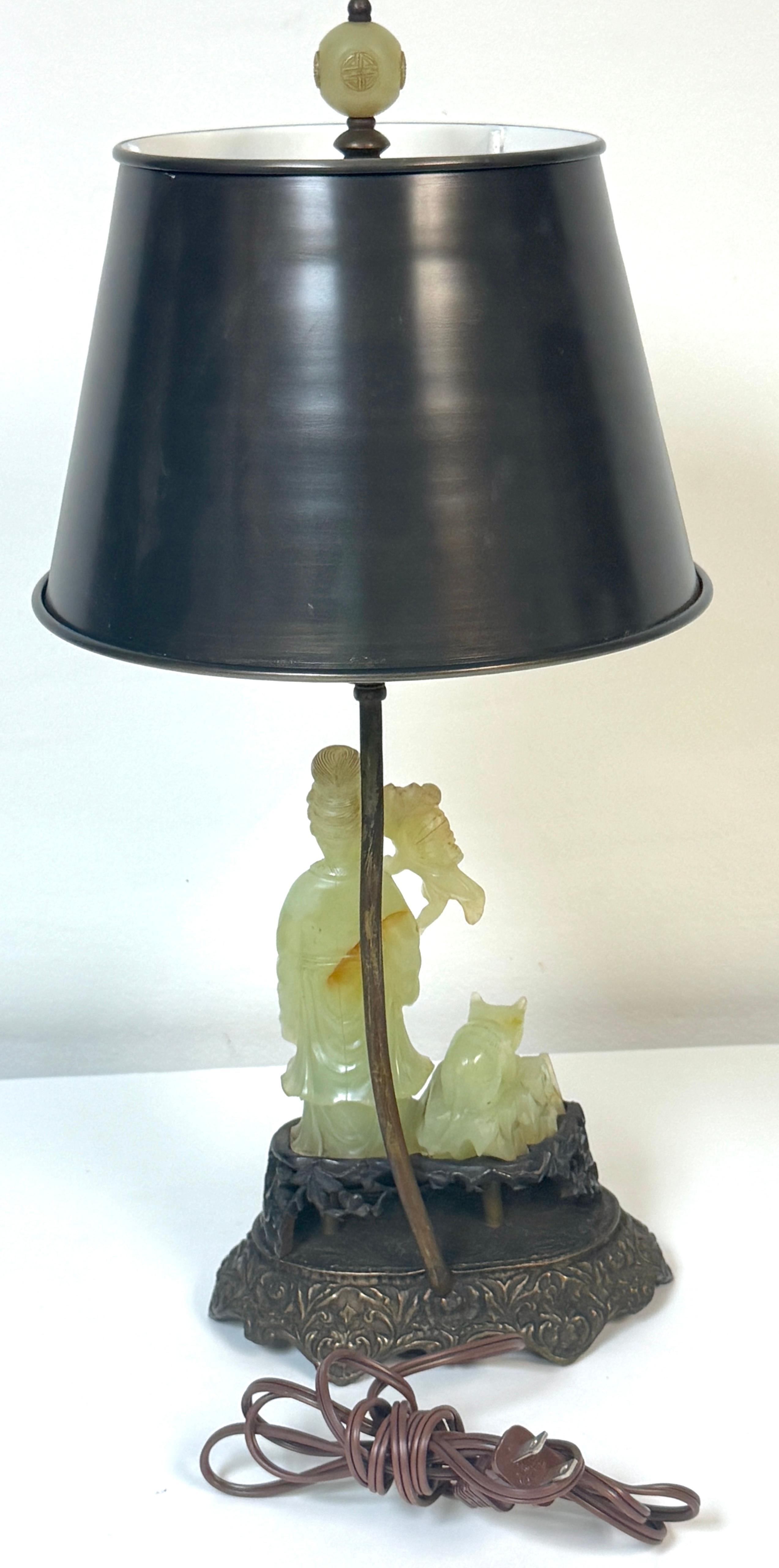 Chinese Carved Jadeite Guanyin with Cat, Mounted as a Lamp, Circa 1920s For Sale 2