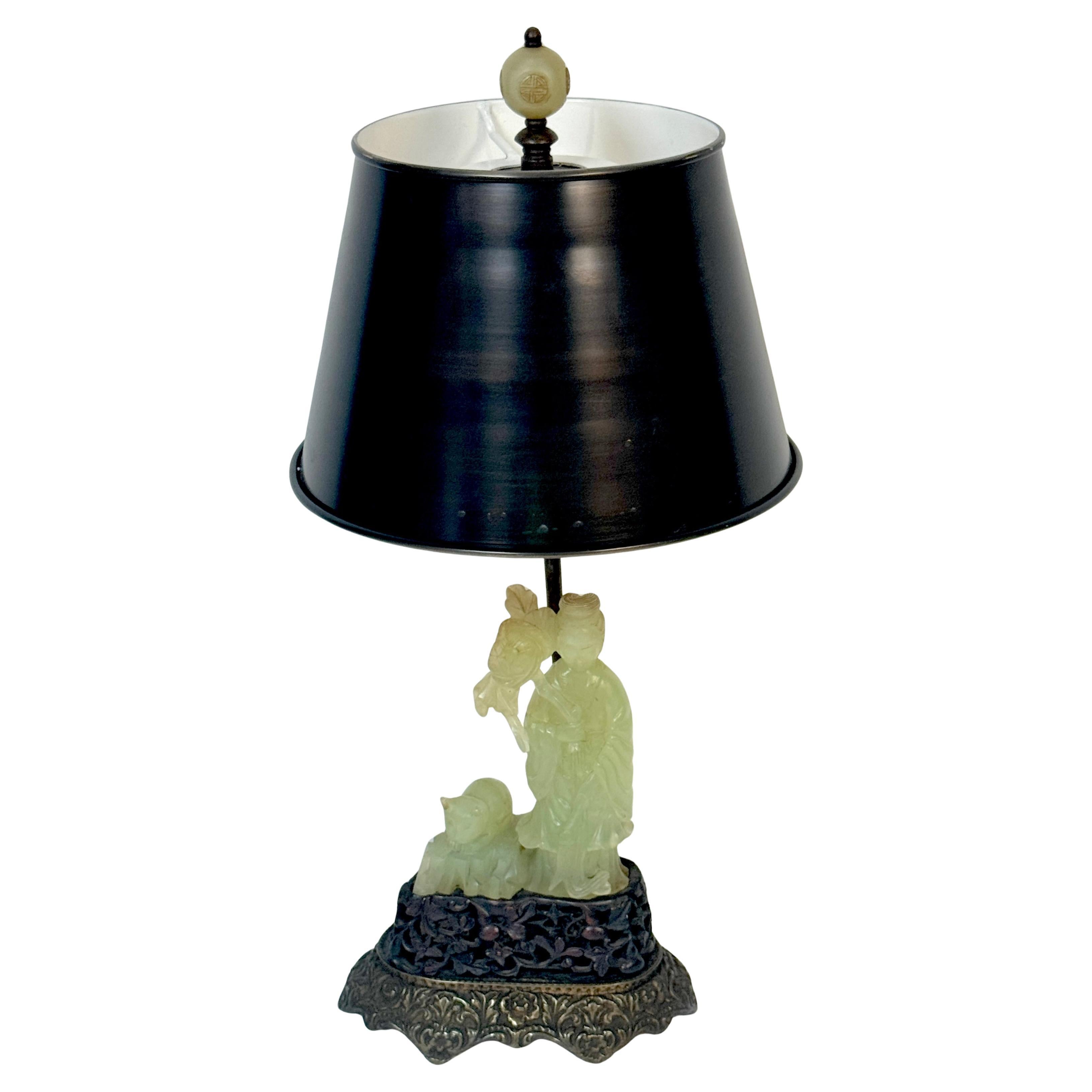 Chinese Carved Jadeite Guanyin with Cat, Mounted as a Lamp, Circa 1920s For Sale