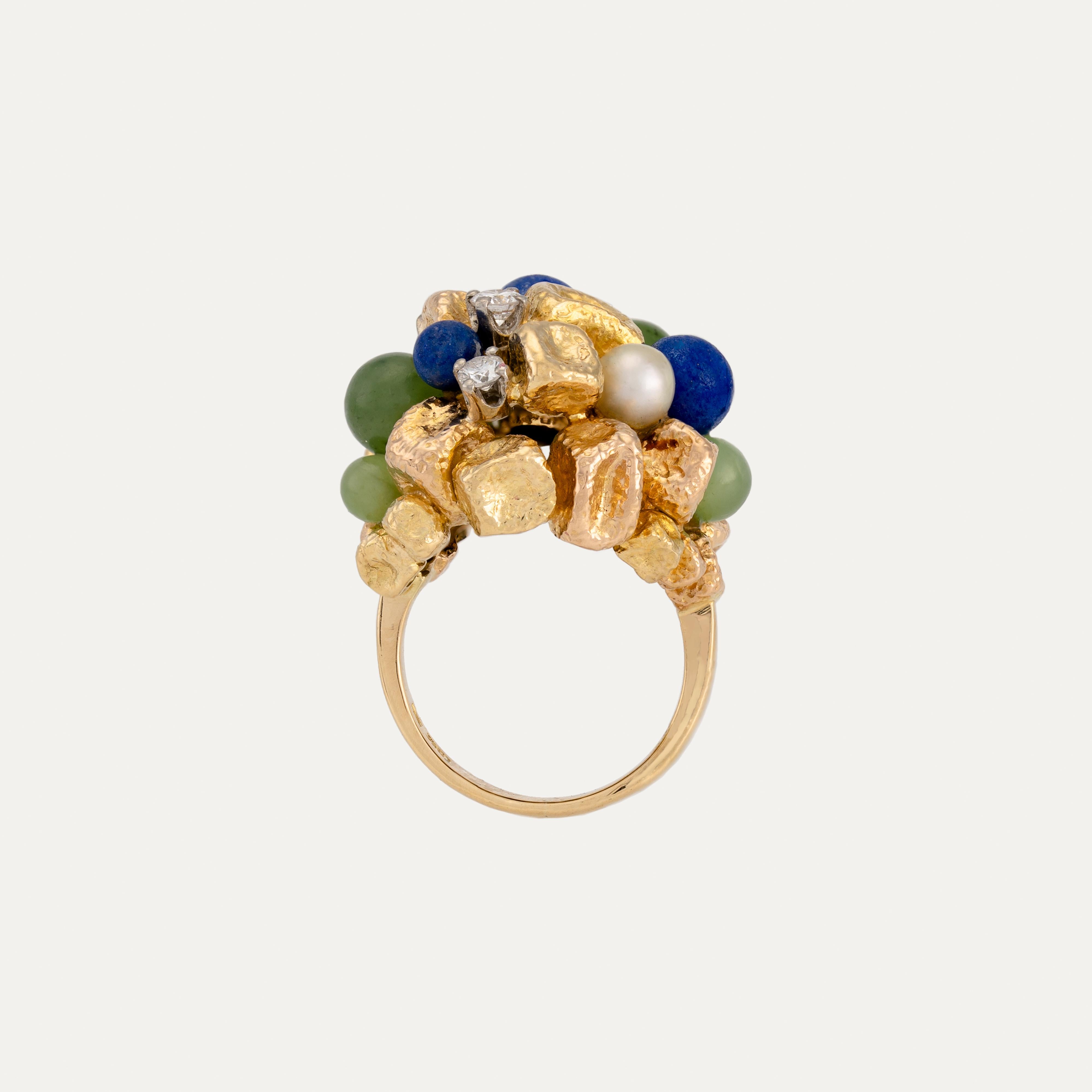 A sculptural celebration of natural beauty, this dome cocktail ring is a one-of-a-kind composition that embodies organic elegance. Handcrafted in yellow gold, the ring features an eye-catching asymmetrical design, evocative of abstract floral and