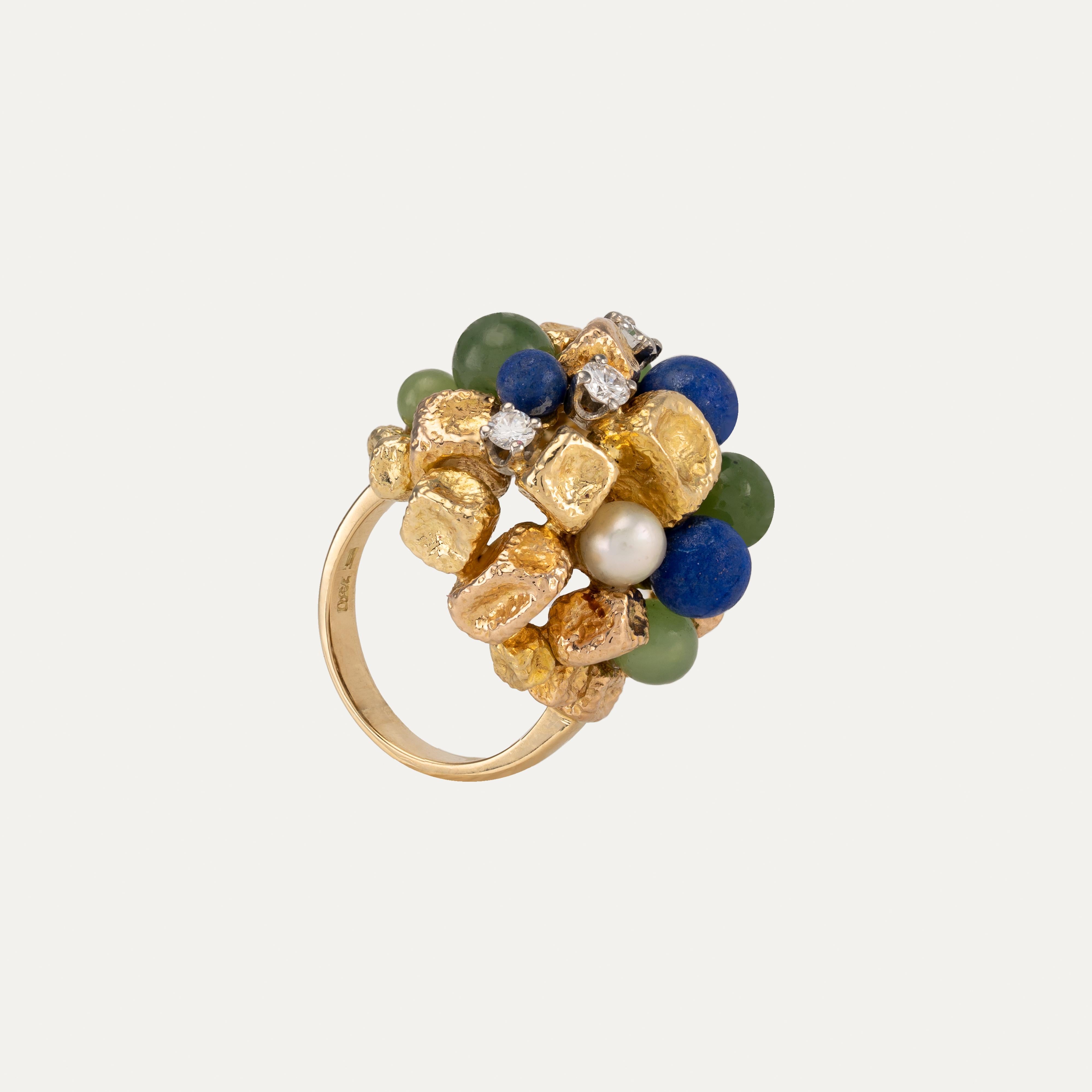 Modern Jade Lapis Lazuli Pearl Diamond Yellow Gold Dome Cocktail Ring For Sale