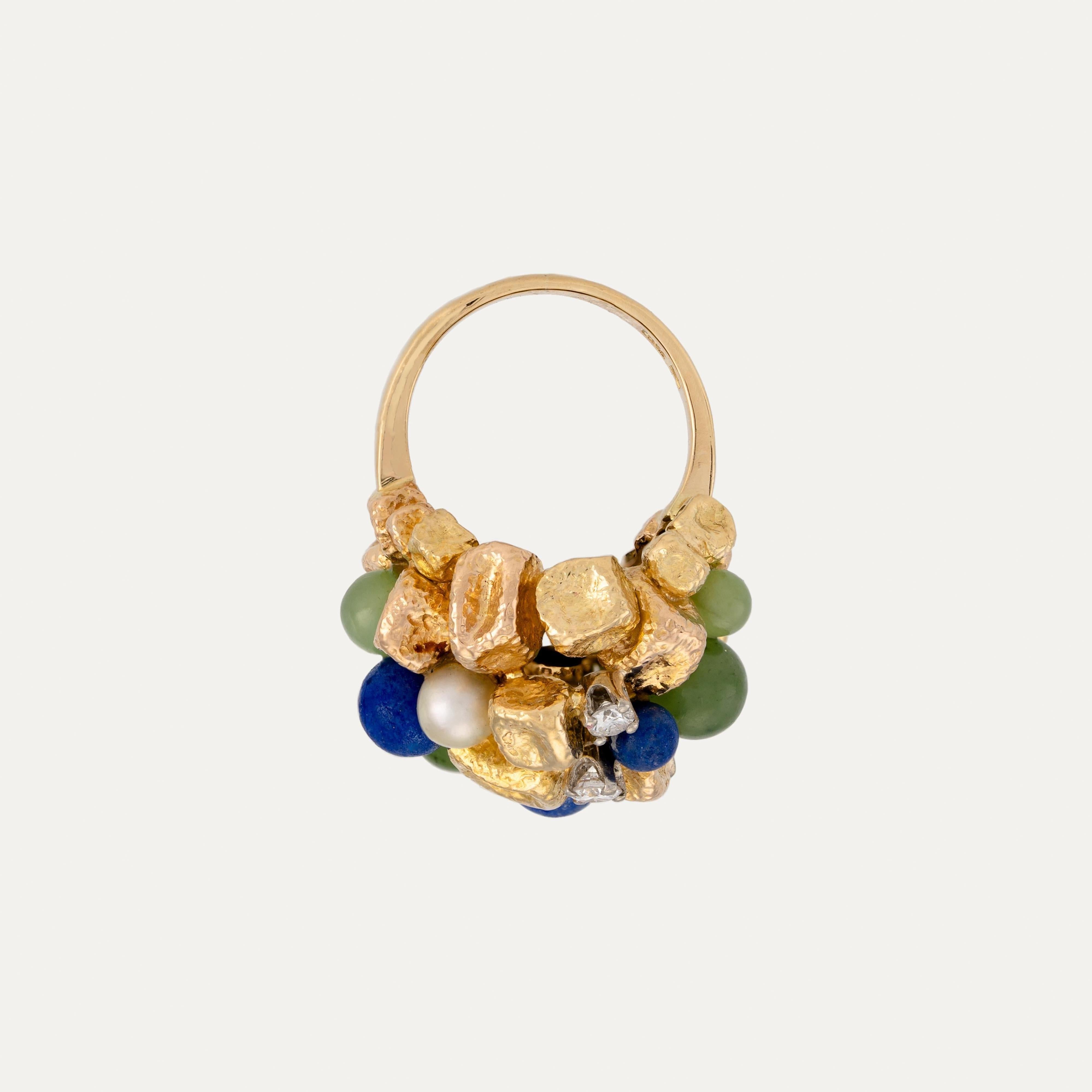 Brilliant Cut Jade Lapis Lazuli Pearl Diamond Yellow Gold Dome Cocktail Ring For Sale