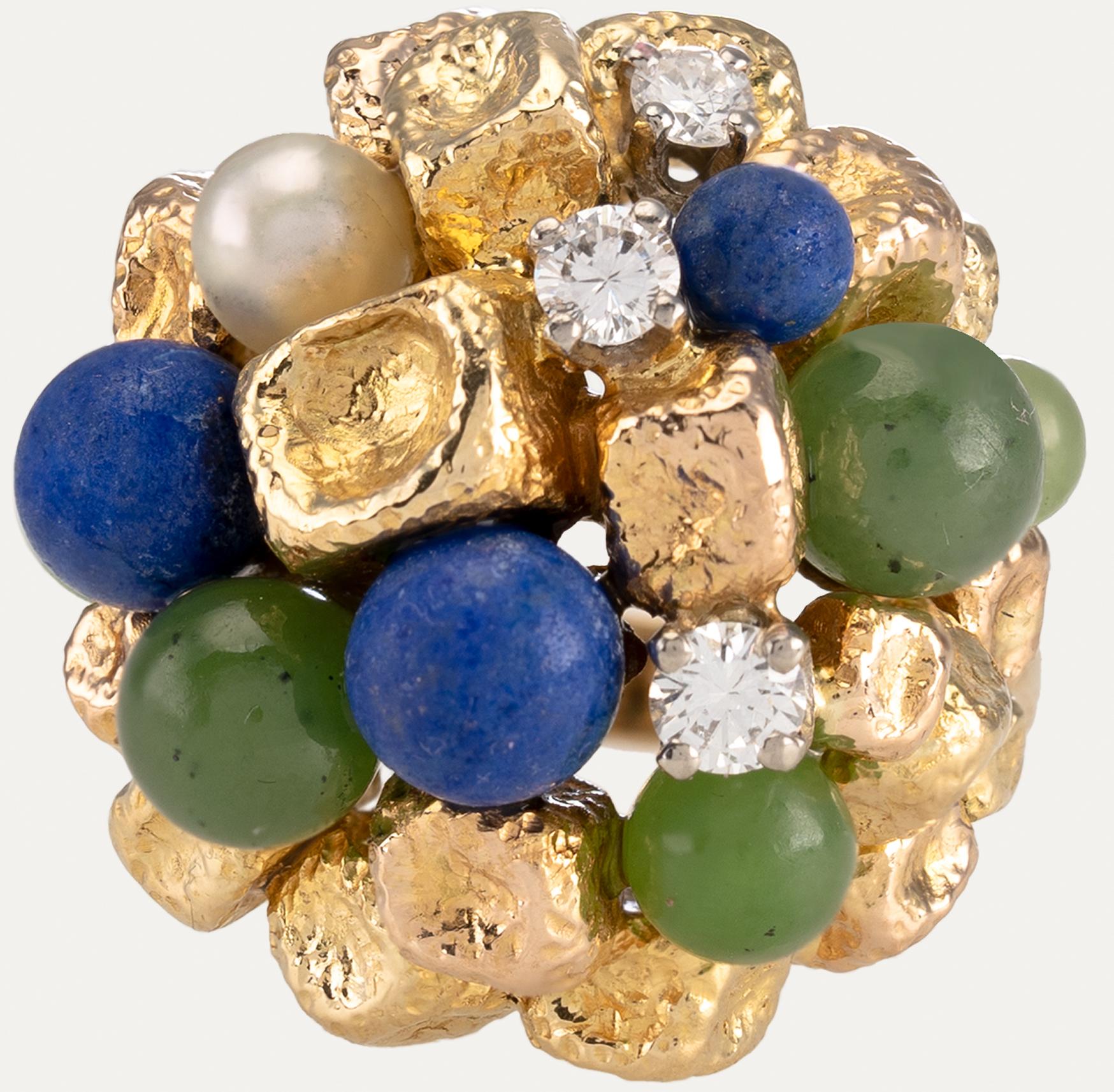 Women's or Men's Jade Lapis Lazuli Pearl Diamond Yellow Gold Dome Cocktail Ring For Sale