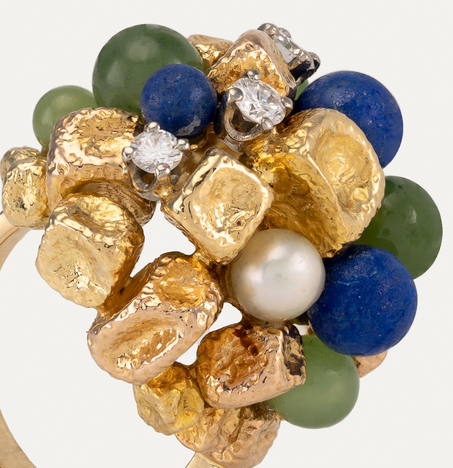 Jade Lapis Lazuli Pearl Diamond Yellow Gold Dome Cocktail Ring For Sale 1