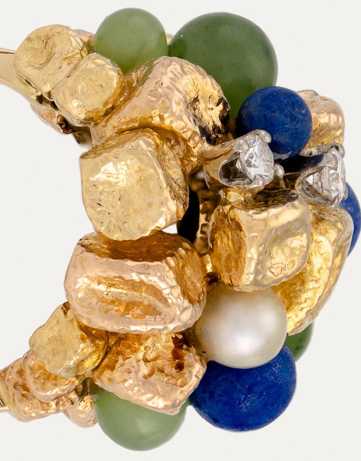 Jade Lapis Lazuli Pearl Diamond Yellow Gold Dome Cocktail Ring For Sale 2