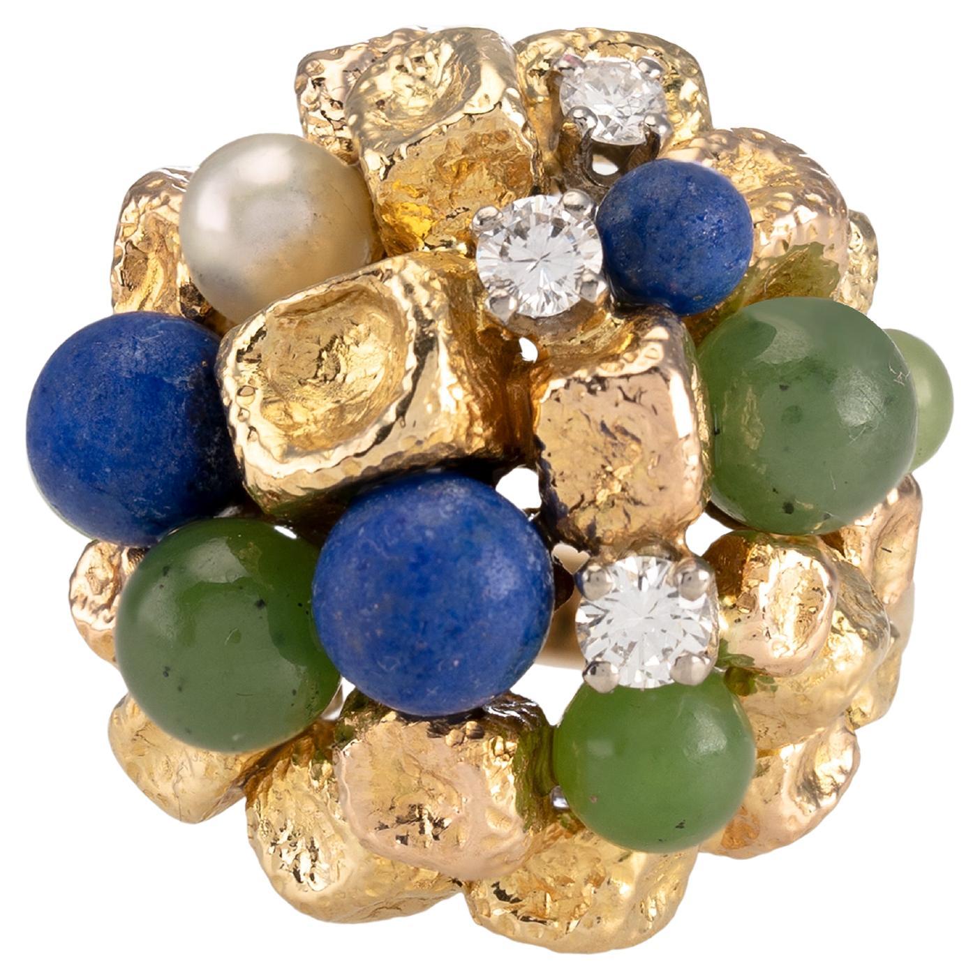 Jade Lapis Lazuli Pearl Diamond Yellow Gold Dome Cocktail Ring For Sale