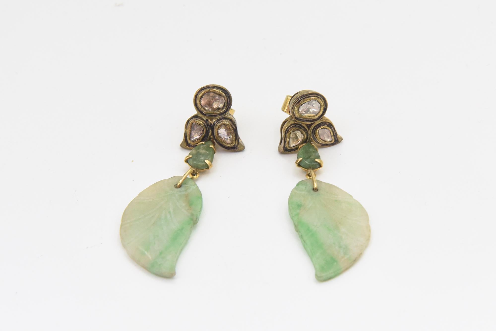 Rose Cut Jade Leaf Diamond Dangling Drop Earrings  For Sale