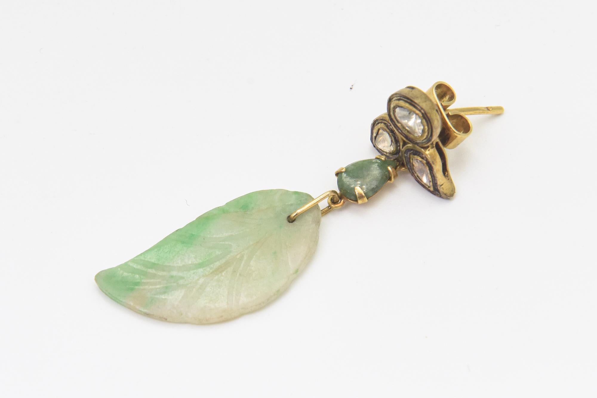 Women's or Men's Jade Leaf Diamond Dangling Drop Earrings  For Sale
