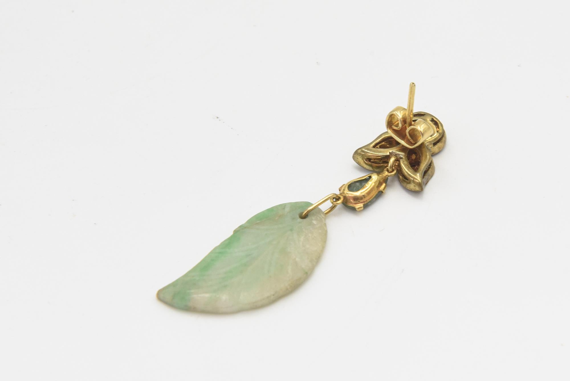 Jade Leaf Diamond Dangling Drop Earrings  For Sale 1