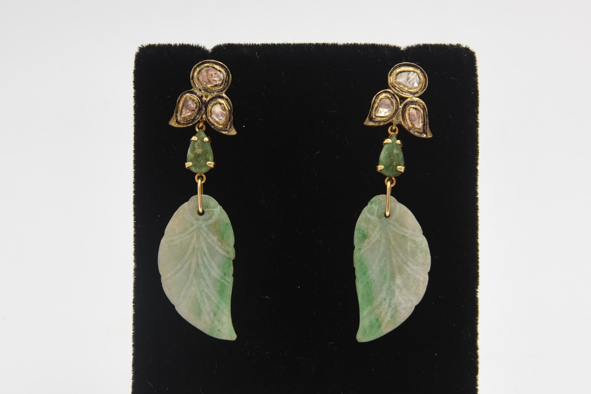 Jade Leaf Diamond Dangling Drop Earrings  For Sale 2