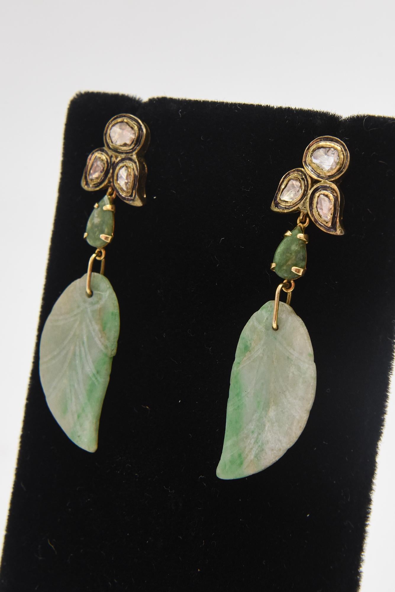 Jade Leaf Diamond Dangling Drop Earrings  For Sale 3