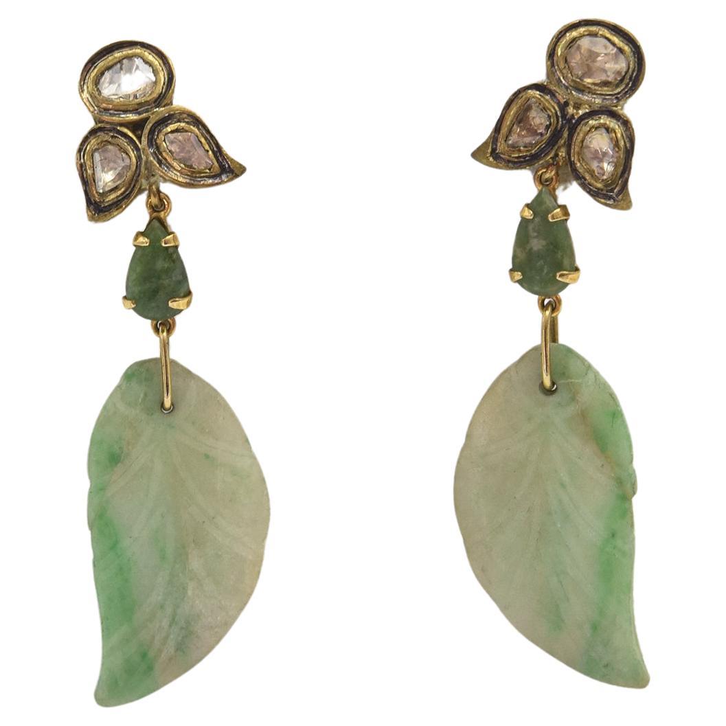 Jade Leaf Diamond Dangling Drop Earrings  For Sale