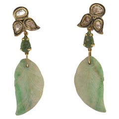 Jade Leaf Diamond Dangling Drop Earrings 