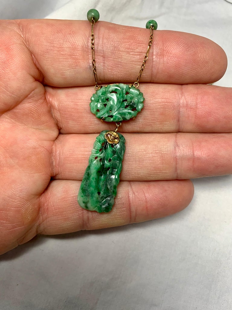 Jade Lotus Flower Motif Necklace 14 Karat Gold Carved Antique Art