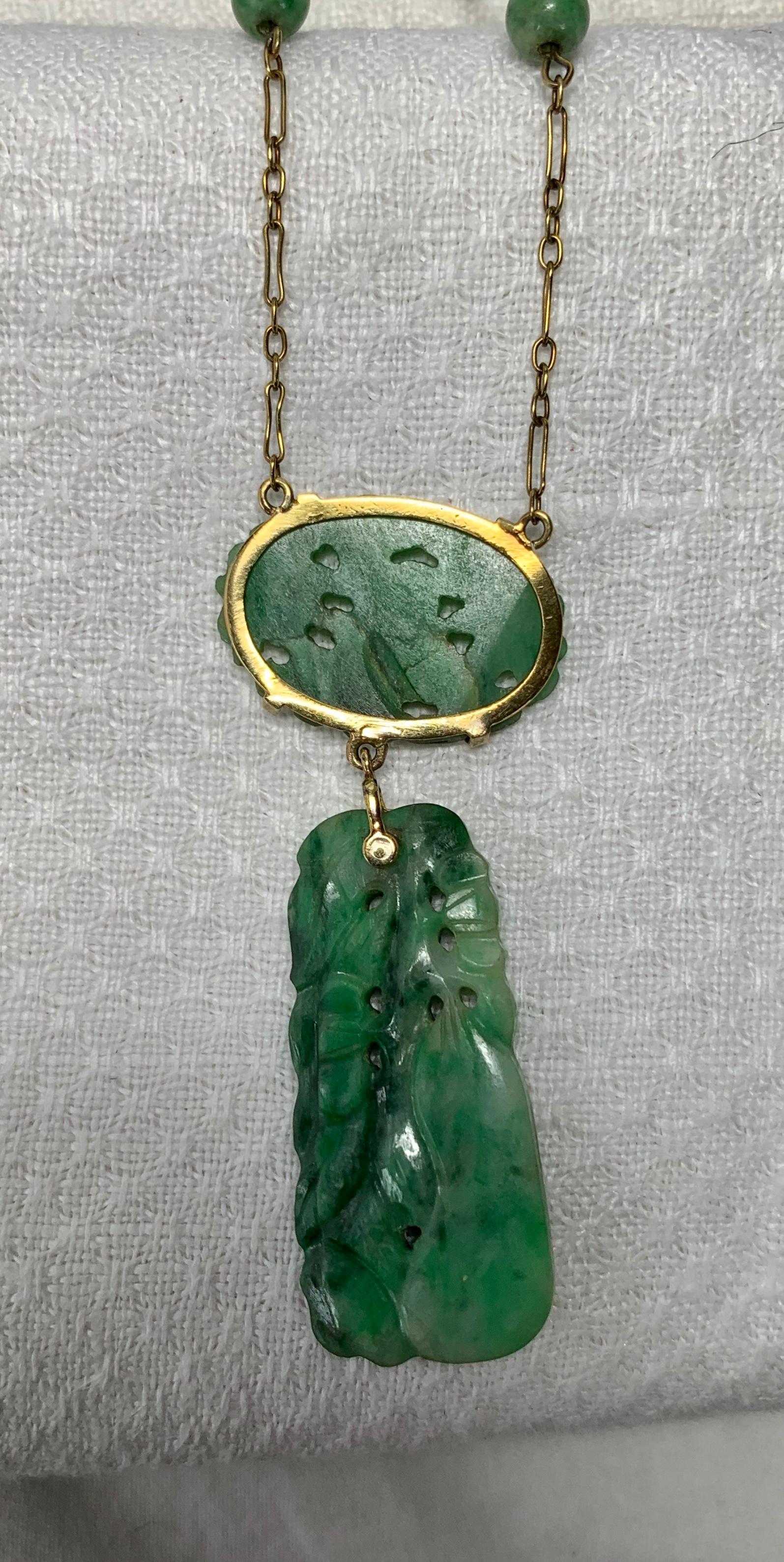 Jade Lotus Flower Motif Necklace 14 Karat Gold Carved Antique Art
