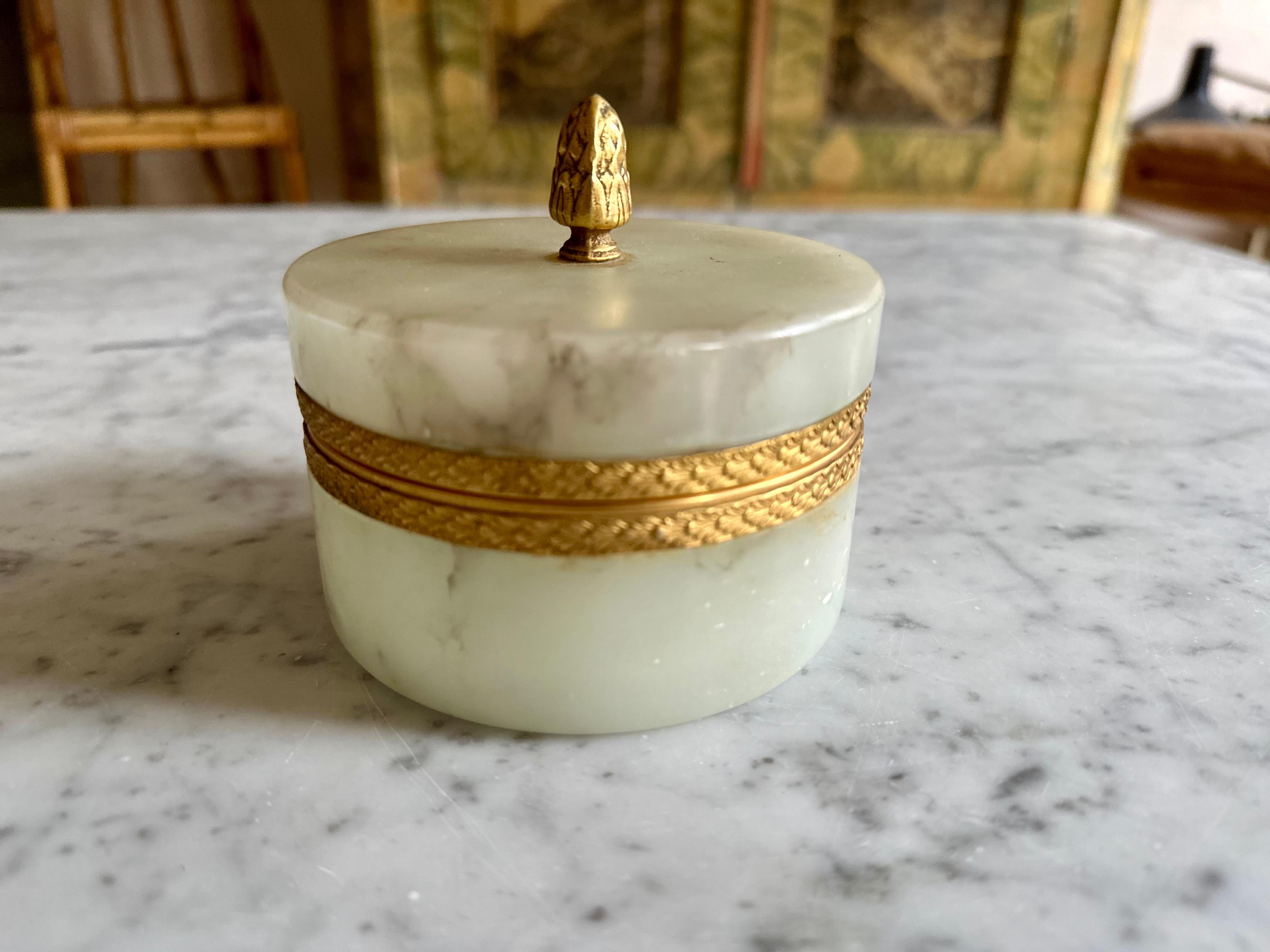 Hollywood Regency Jade Marvel: Italian Mid Century Marble Lidded Jar with Gilded Accents