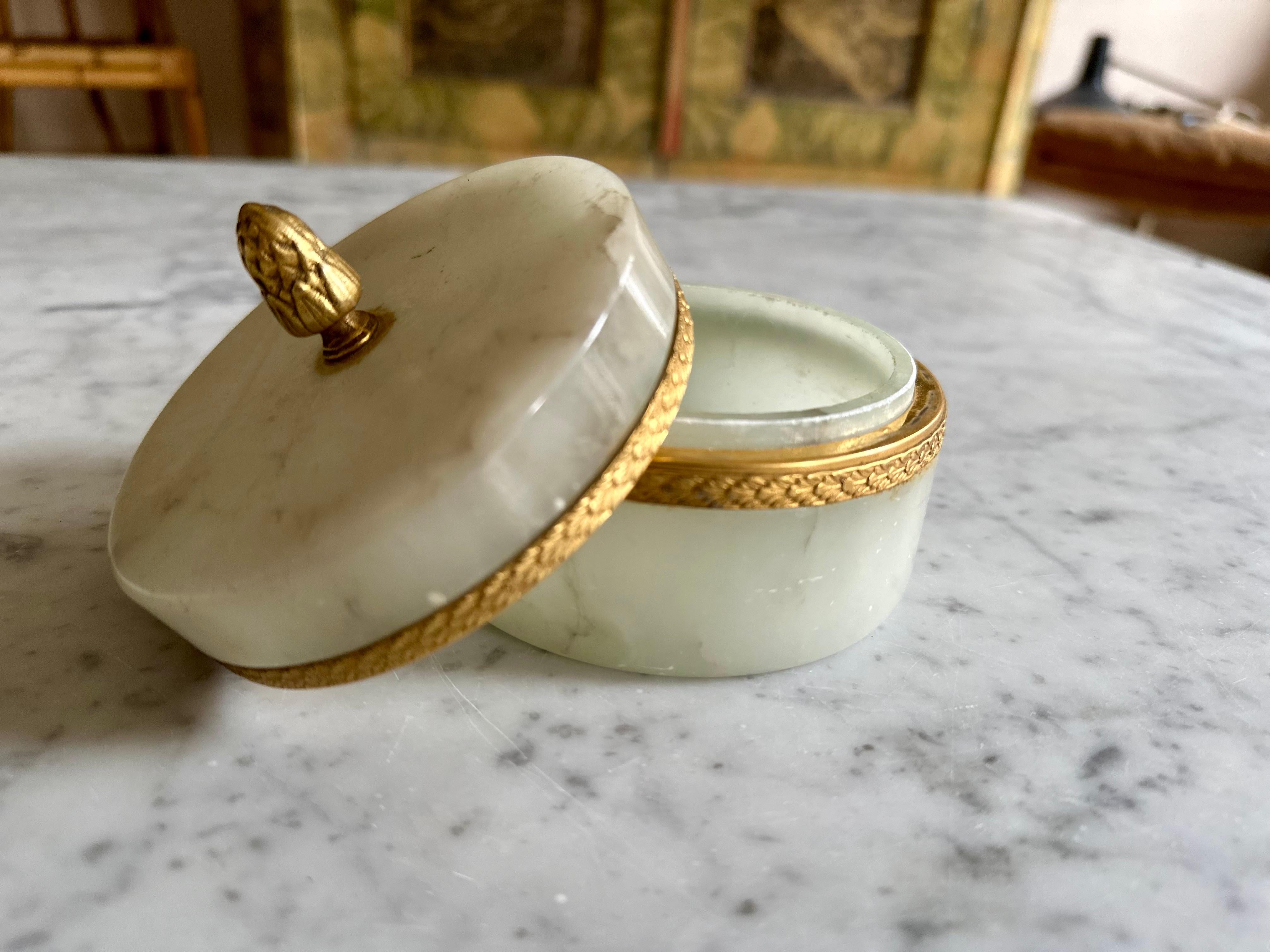 Late 20th Century Jade Marvel: Italian Mid Century Marble Lidded Jar with Gilded Accents