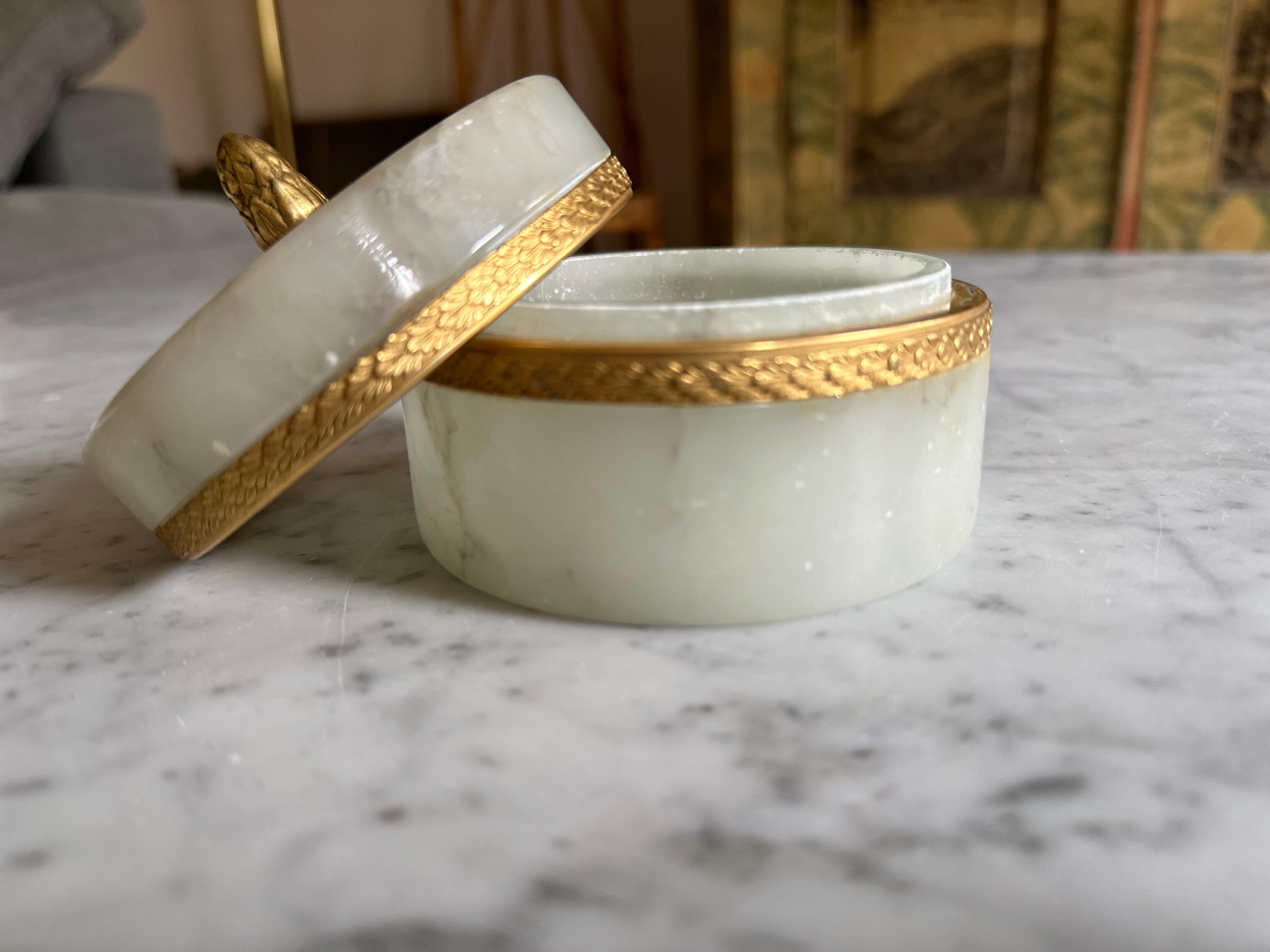 Brass Jade Marvel: Italian Mid Century Marble Lidded Jar with Gilded Accents