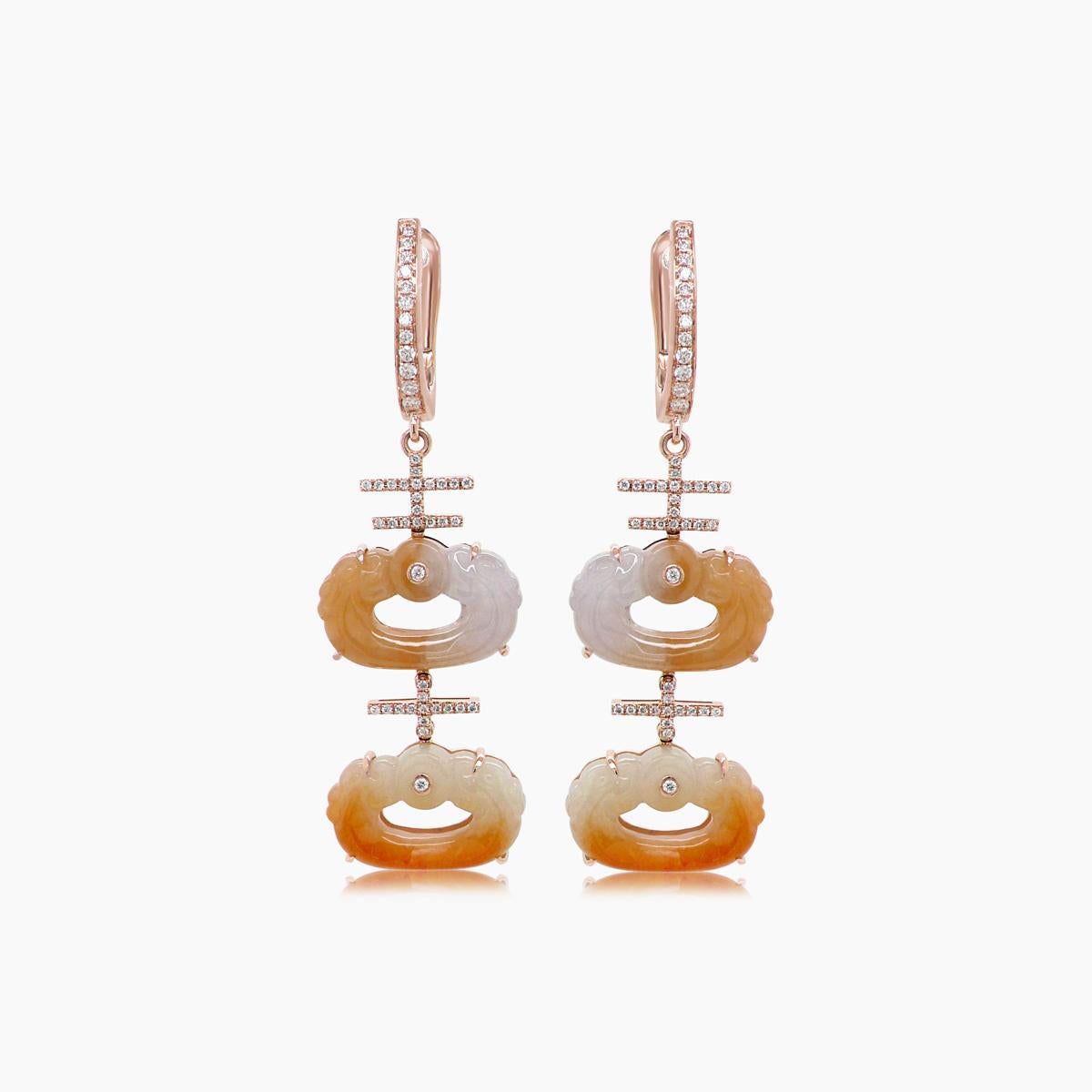 Mixed Cut Jade Mixed Color & White Diamond 18K Rose Gold Drop Style Earrings For Sale