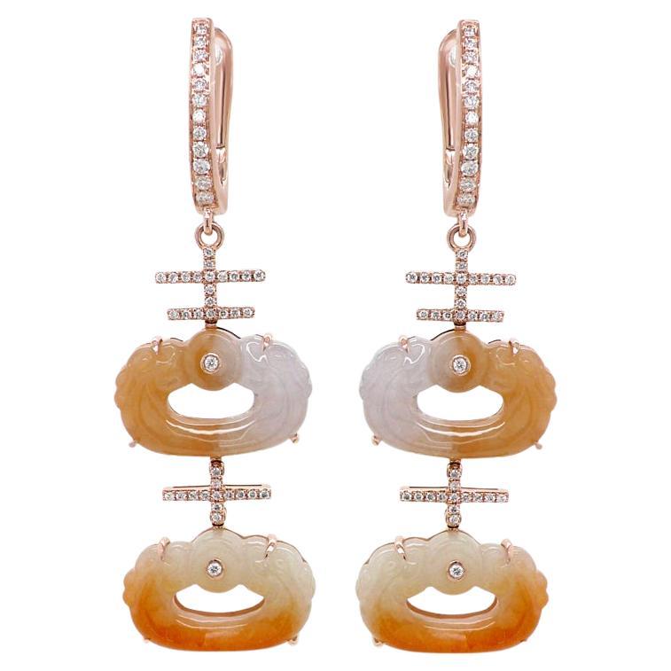 Jade Mixed Color & White Diamond 18K Rose Gold Drop Style Earrings For Sale