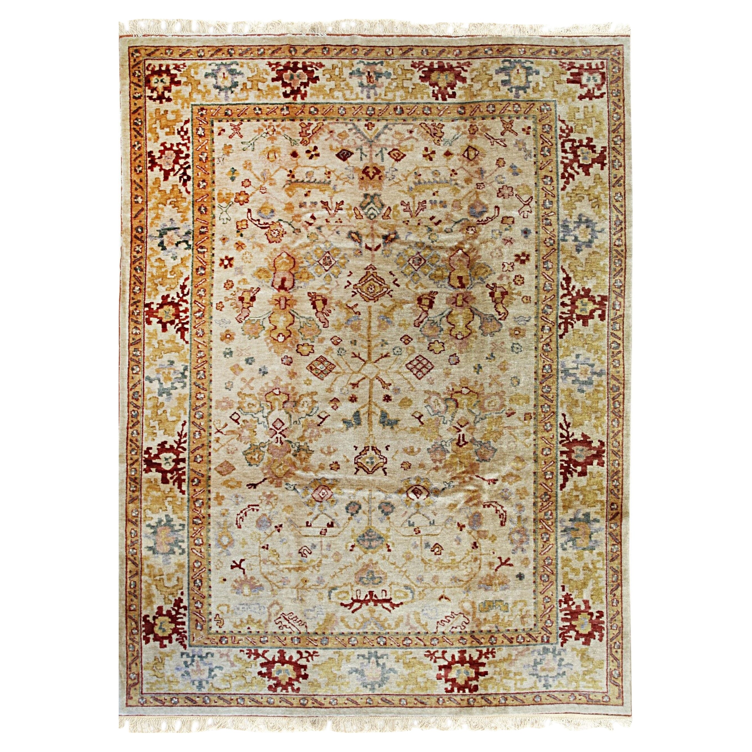 Jade Mohair Oushak Beige Hand-Knotted Rug Carpet with Open Allover Design