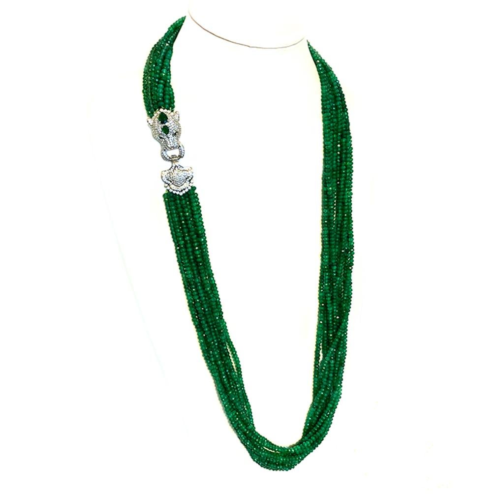 Art Deco Jade Multi-Strand Necklace with Leopard Clasp  For Sale