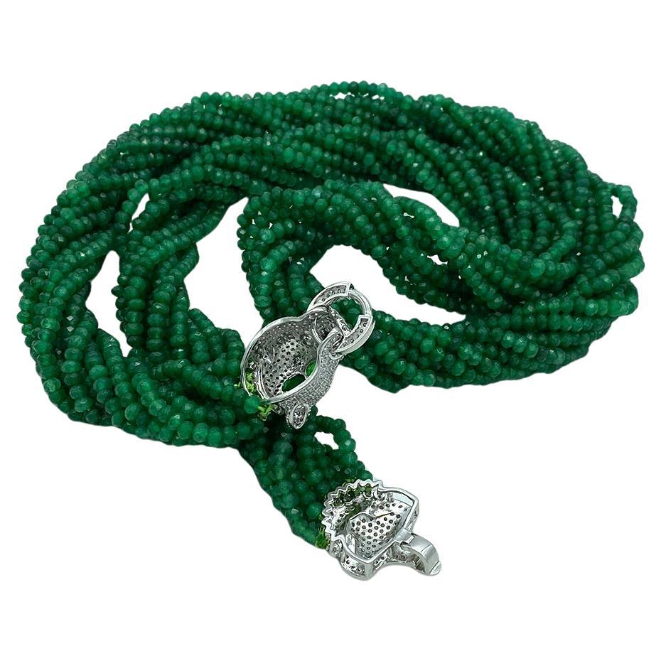 Jade Multi-Strand Necklace with Leopard Clasp  In New Condition For Sale In Atlanta, GA