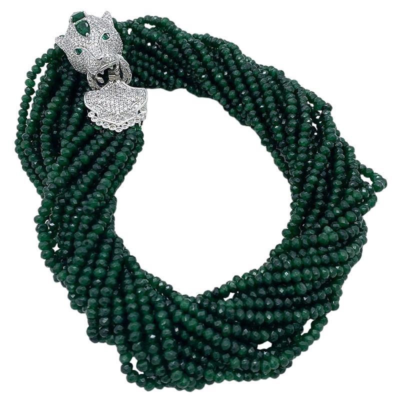 Art Déco Collana di giada a più fili con chiusura a testa di leopardo in argento in vendita