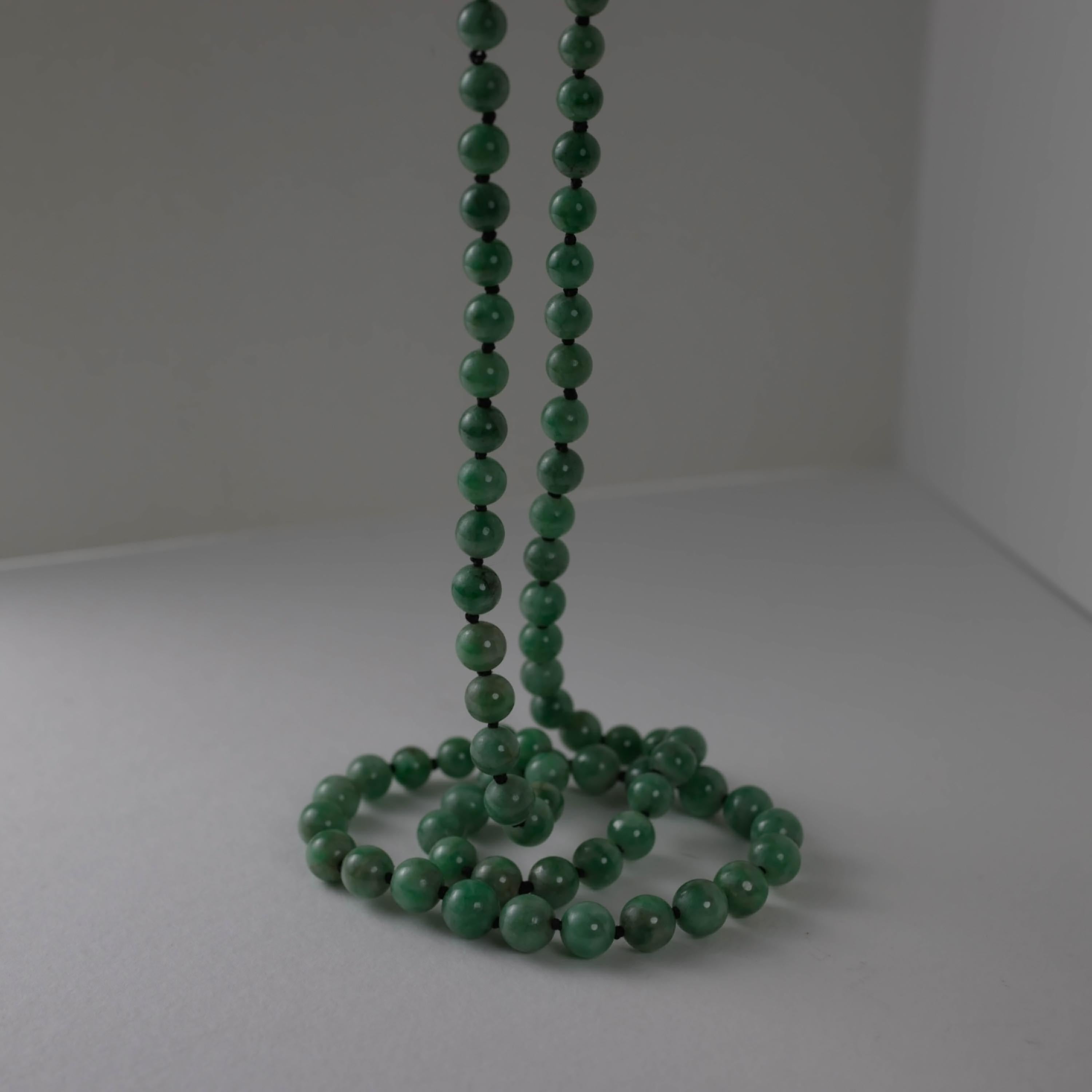 Bead Emerald Green Jade Necklace Certified Untreated, Diamond Clasp, 33