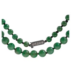 Jade Necklace 33" Certified Untreated Burmese Emerald Green Diamond Clasp