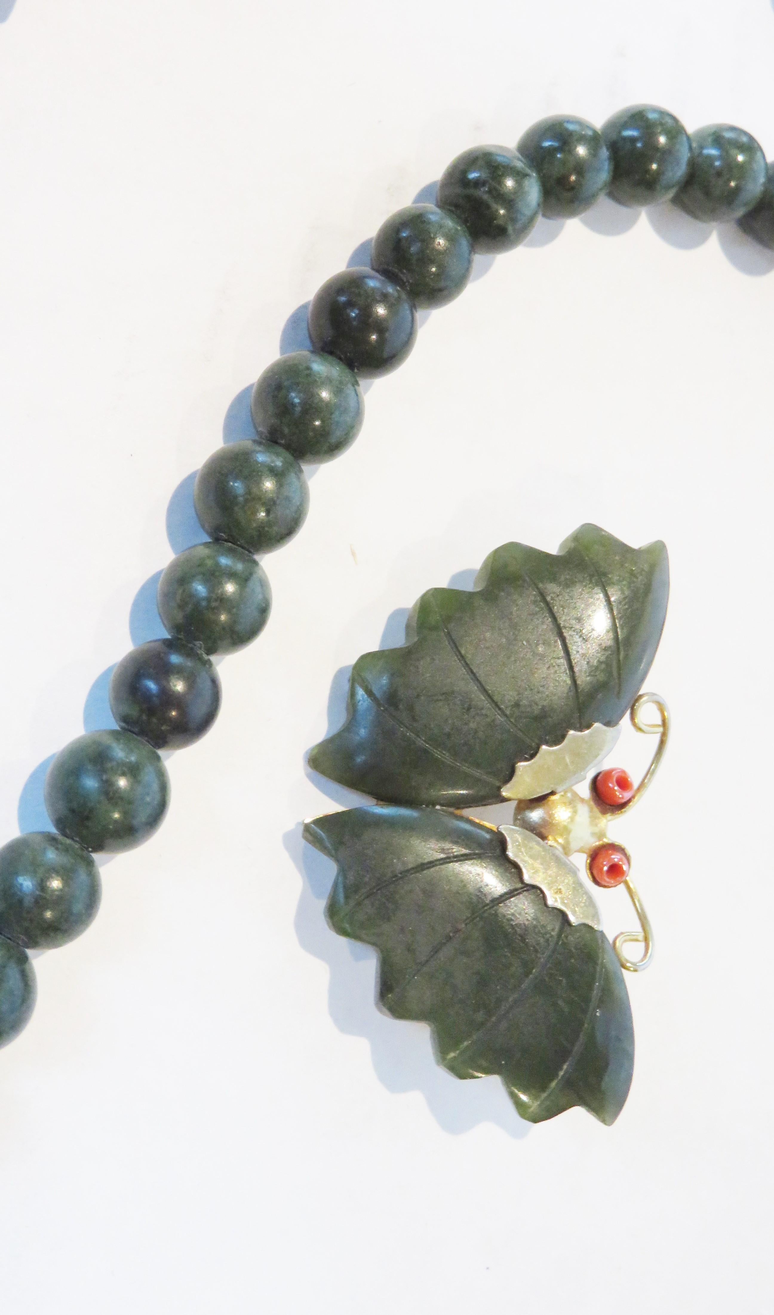 Jade Necklace and 3 Jade Butterfly Pins For Sale 3