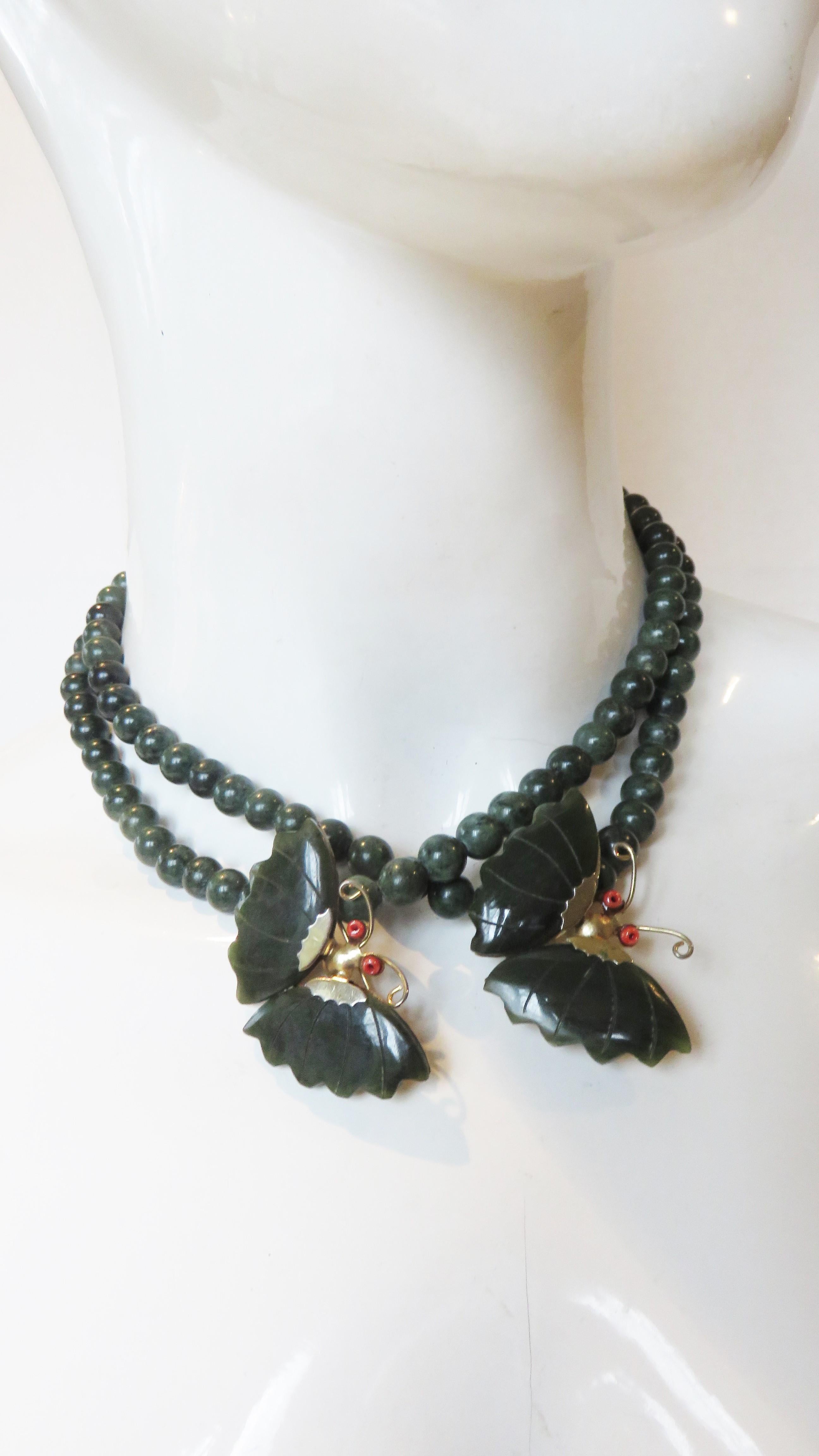 Jade Necklace and 3 Jade Butterfly Pins In Good Condition For Sale In Water Mill, NY
