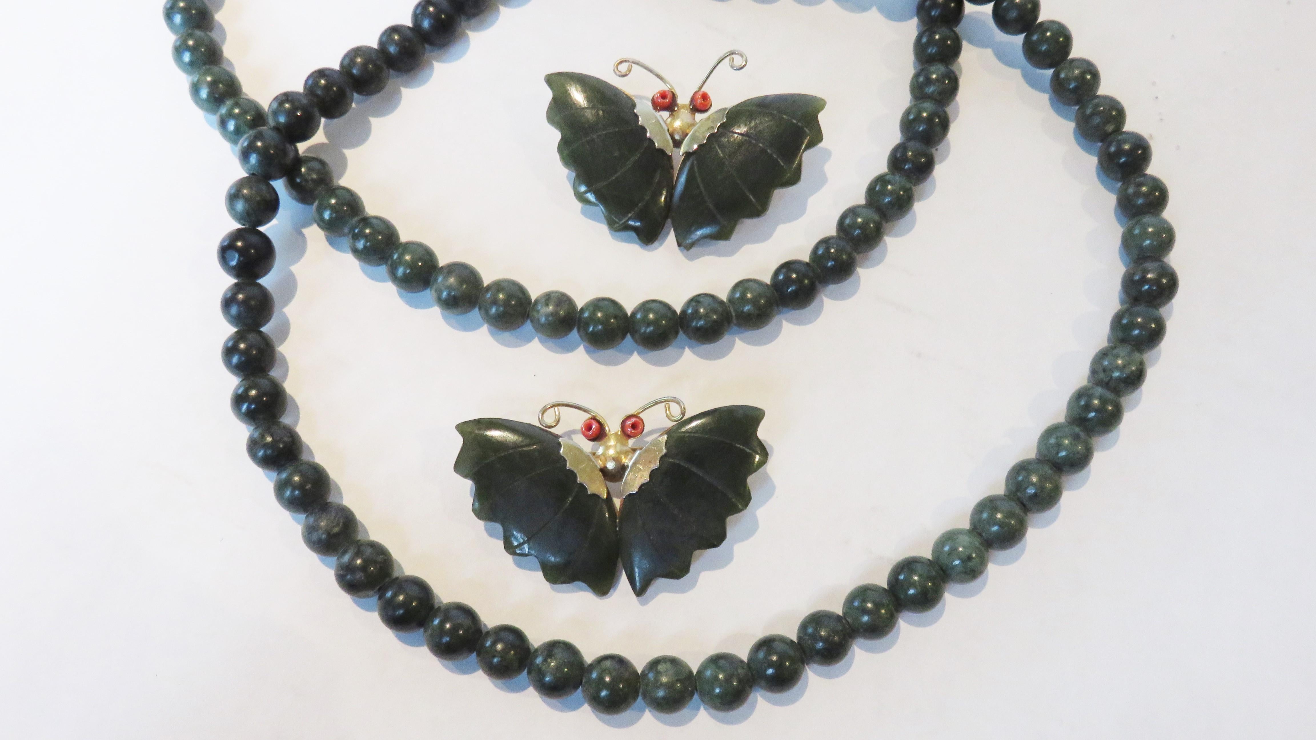 Jade Necklace and 3 Jade Butterfly Pins For Sale 2