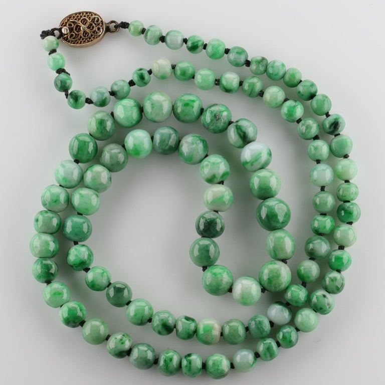 Jade Necklace circa 1930s Variegated Green Certified Untreated For Sale
