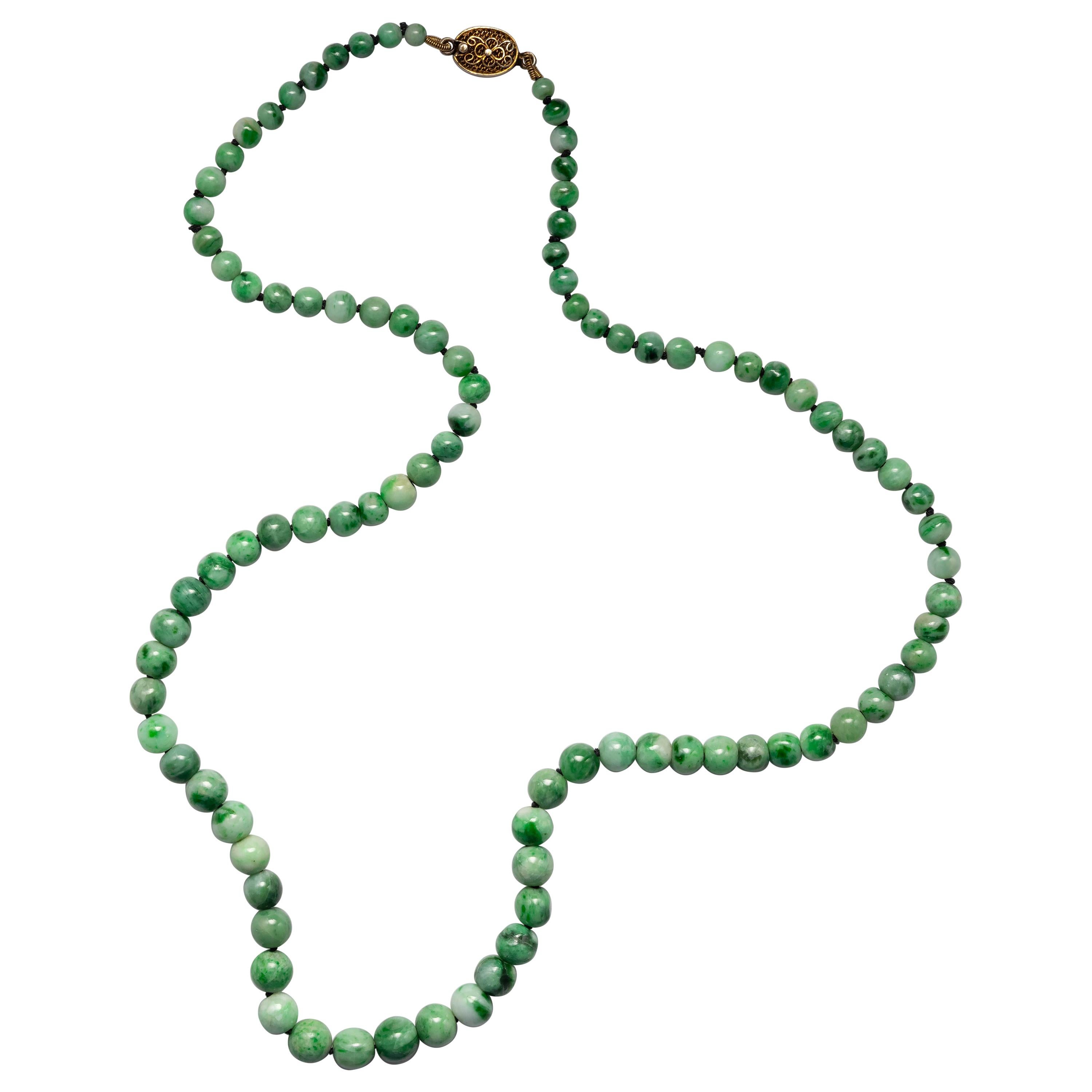 Jade Necklace circa 1930s Variegated Green Certified Untreated