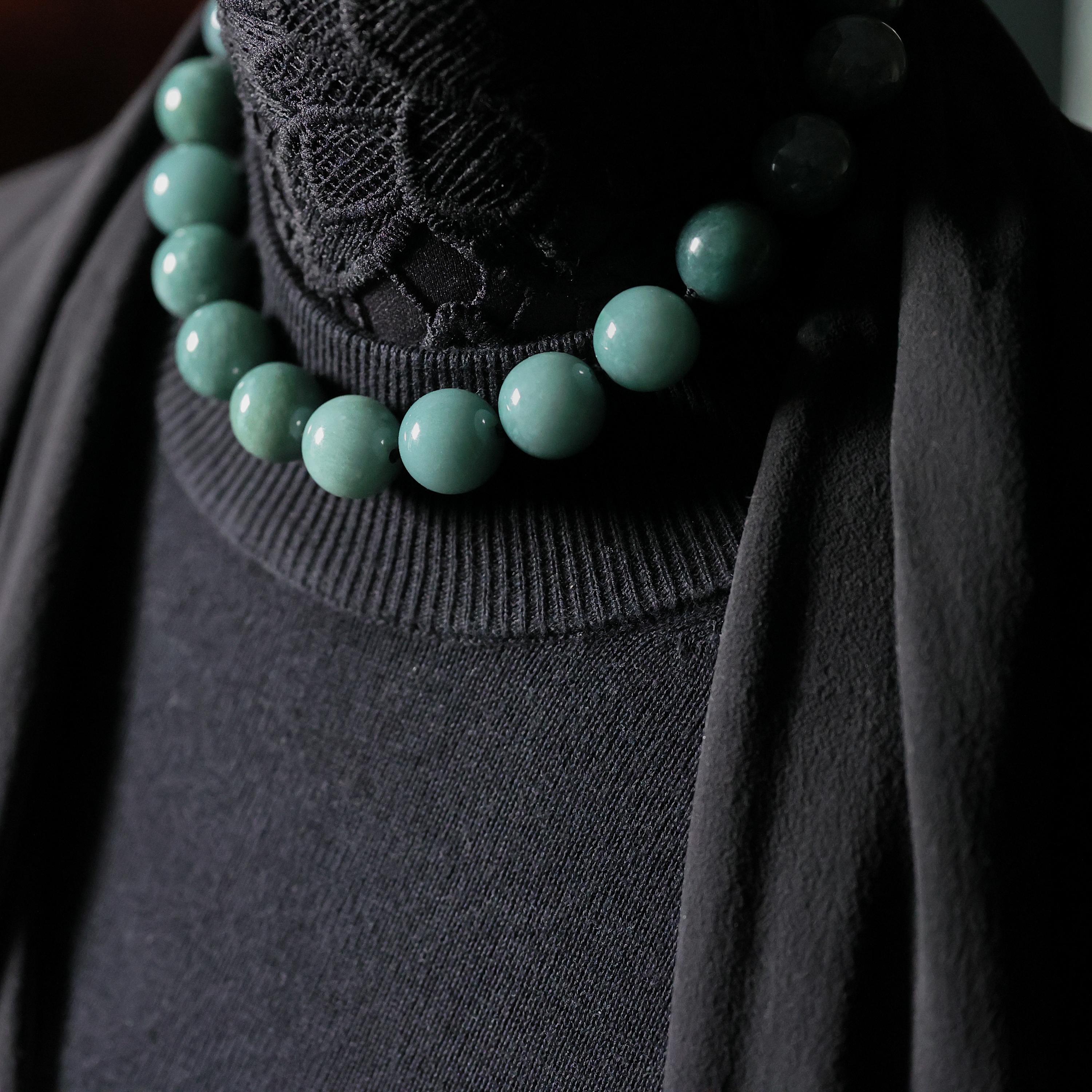 Women's or Men's Jade Necklace Featuring Huge Bluish-Green Beads Certified Untreated