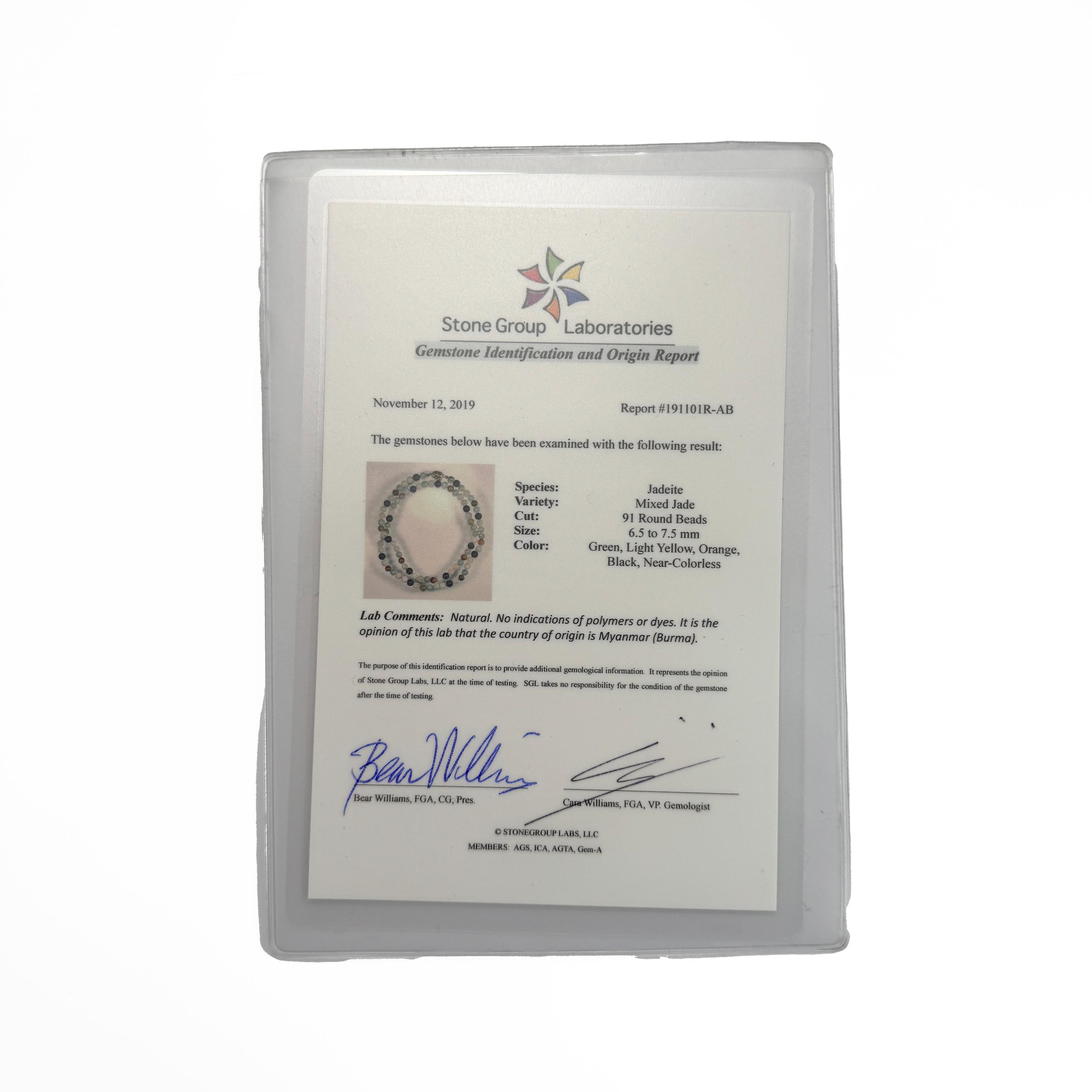 Jade Necklace Multicolor High Translucency Midcentury Certified Untreated 25