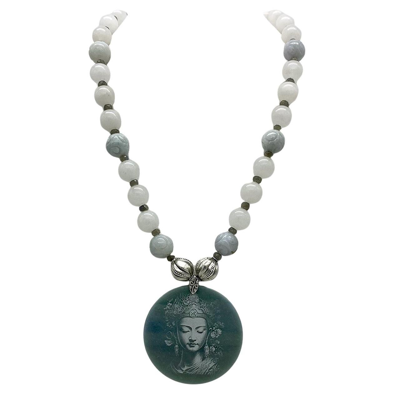 Artisan Jade Necklace with Guanyin Pendant For Sale