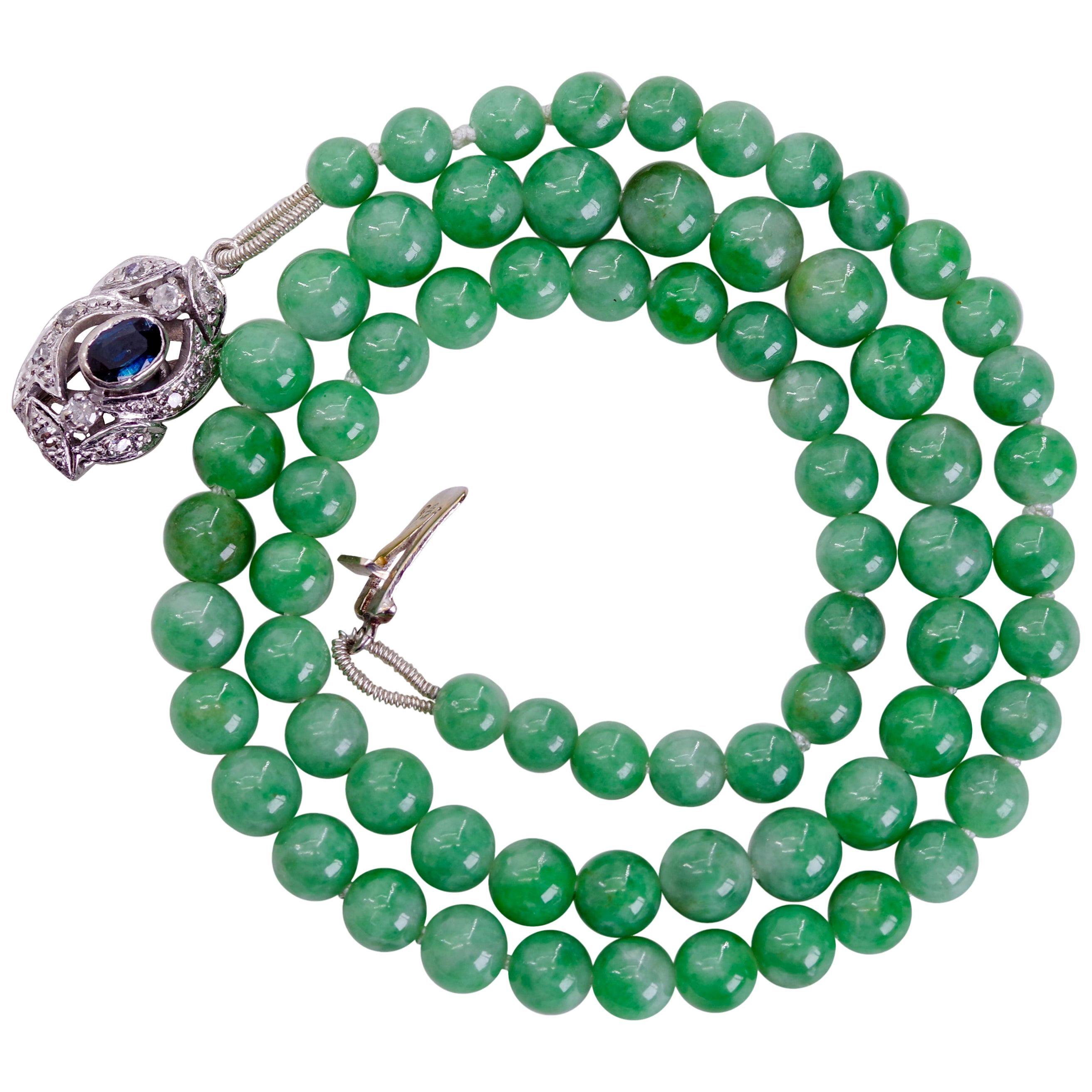 Jade Necklace with Sapphire, Diamond and 18 Karat Gold Clasp Certified Untreated