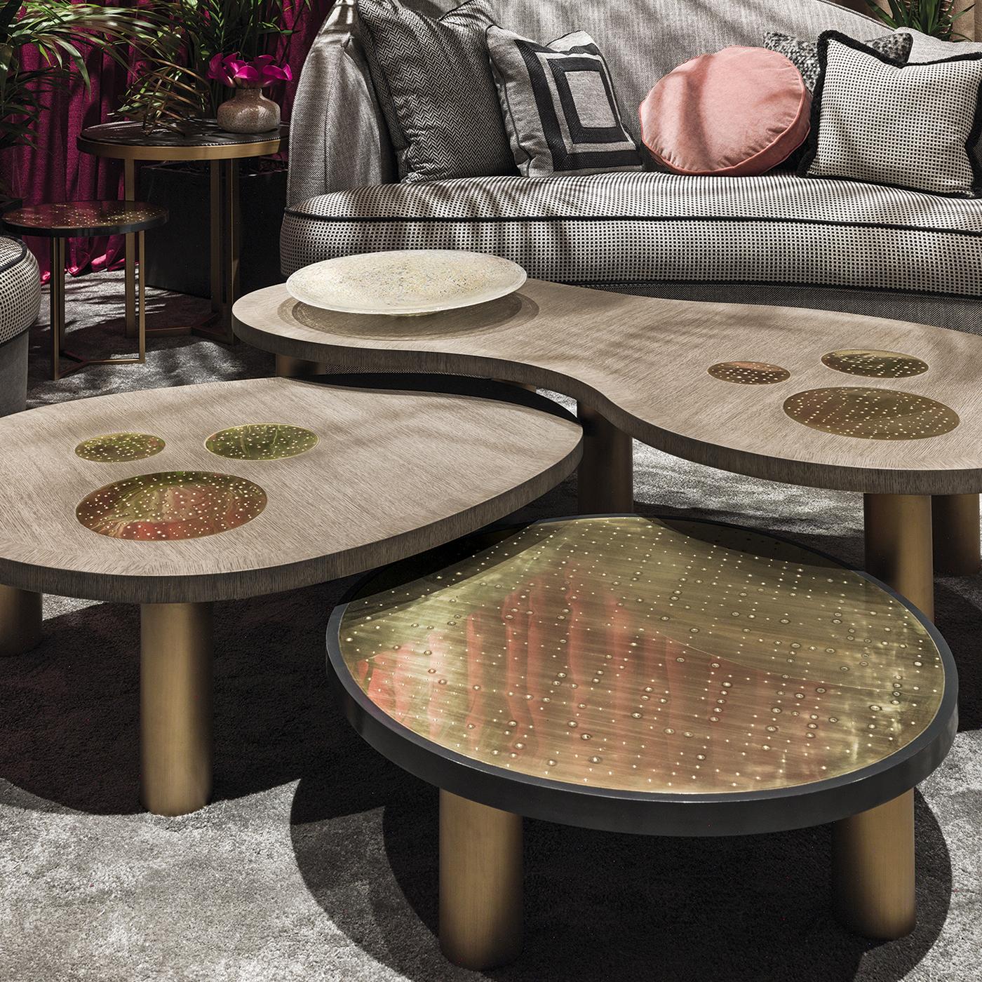 An original juxtaposition of warm and cool tones, the Jade oak coffee table by Chiara Provasi features an oak top accented with brass. Hand painted in gray, the table's top is the perfect frame for the glistening brass spots, further brought out by