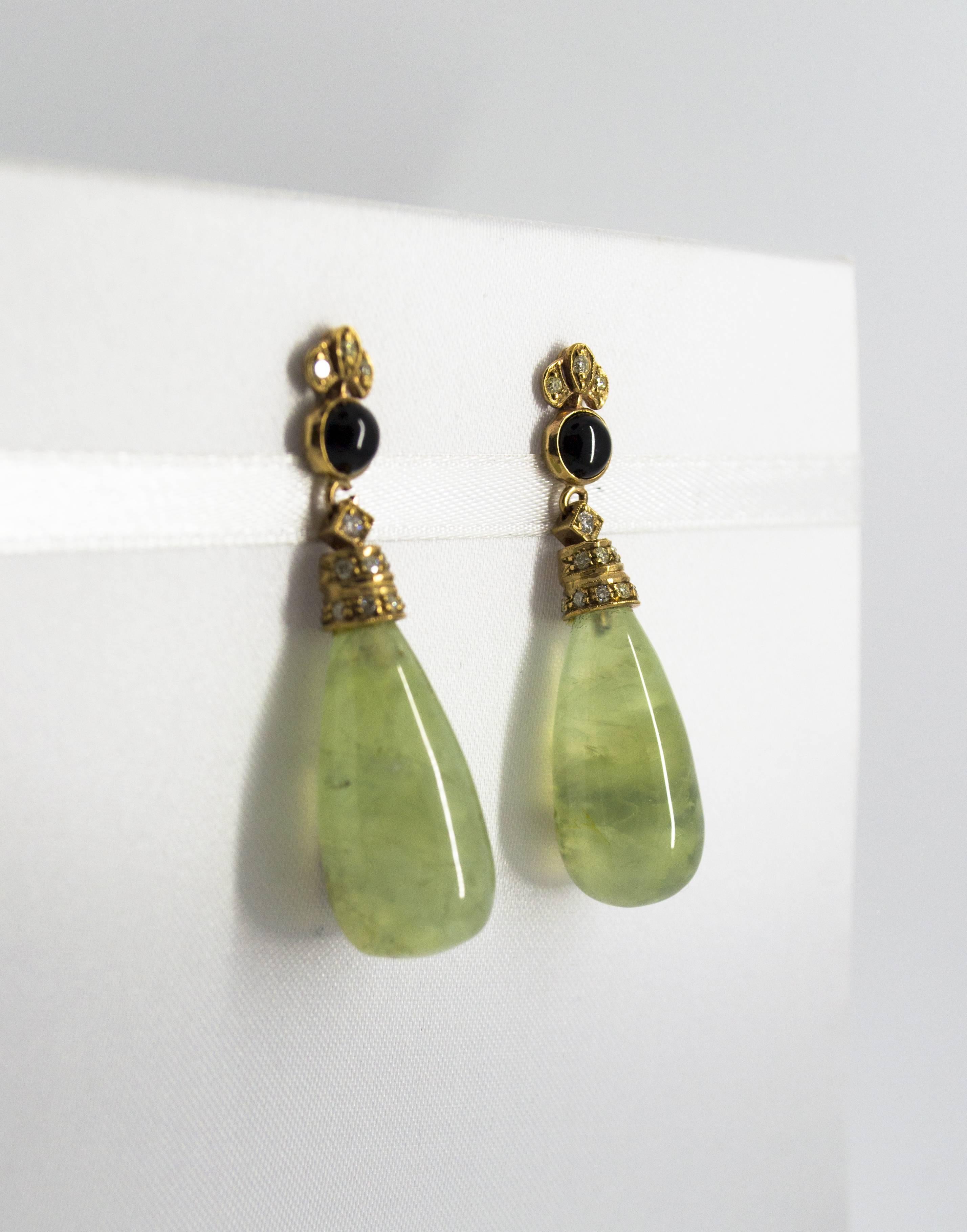 Women's or Men's Jade Onyx 0.35 Carat Diamond Yellow Gold Stud Earrings