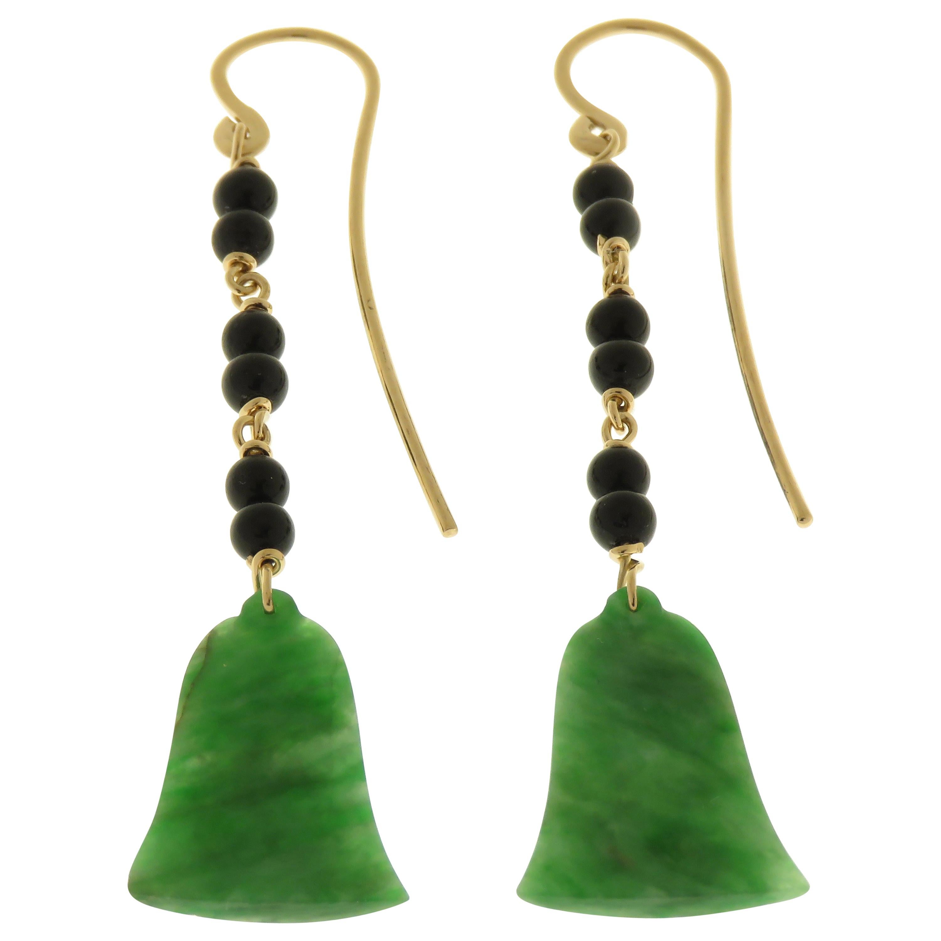 Pendants d'oreilles en or rose 9 carats, jade et onyx, fabriqués à la main en Italie en vente