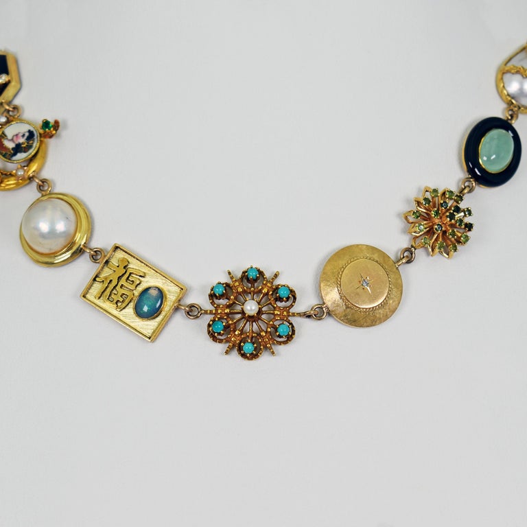 Jade, Onyx and Opal Multi-Gemstone 14 Karat Gold Bohemian Link Necklace In New Condition For Sale In Naples, FL