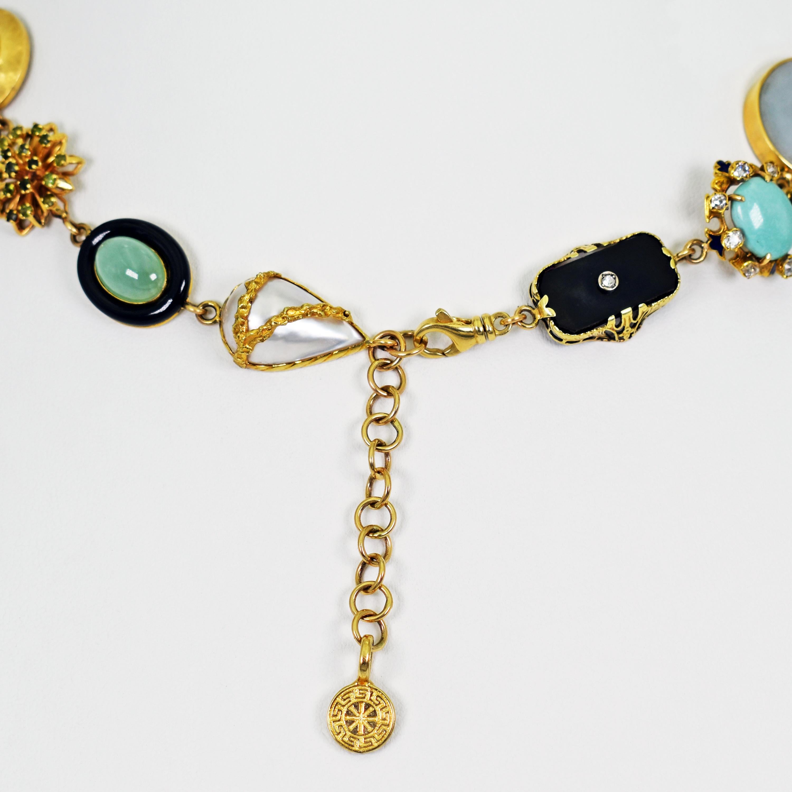 Jade, Onyx and Opal Multi-Gemstone 14 Karat Gold Bohemian Link Necklace In New Condition For Sale In Naples, FL