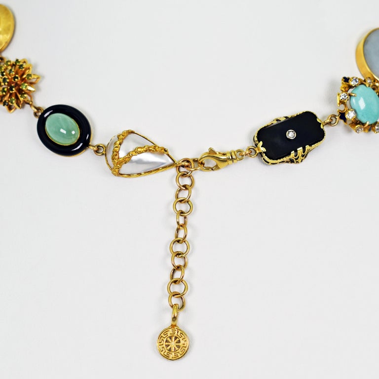 Women's Jade, Onyx and Opal Multi-Gemstone 14 Karat Gold Bohemian Link Necklace For Sale
